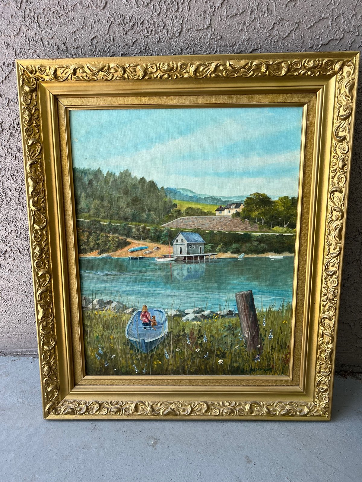 M.R. Waldspurger The Blue Boat Oil Painting Vintage 1978