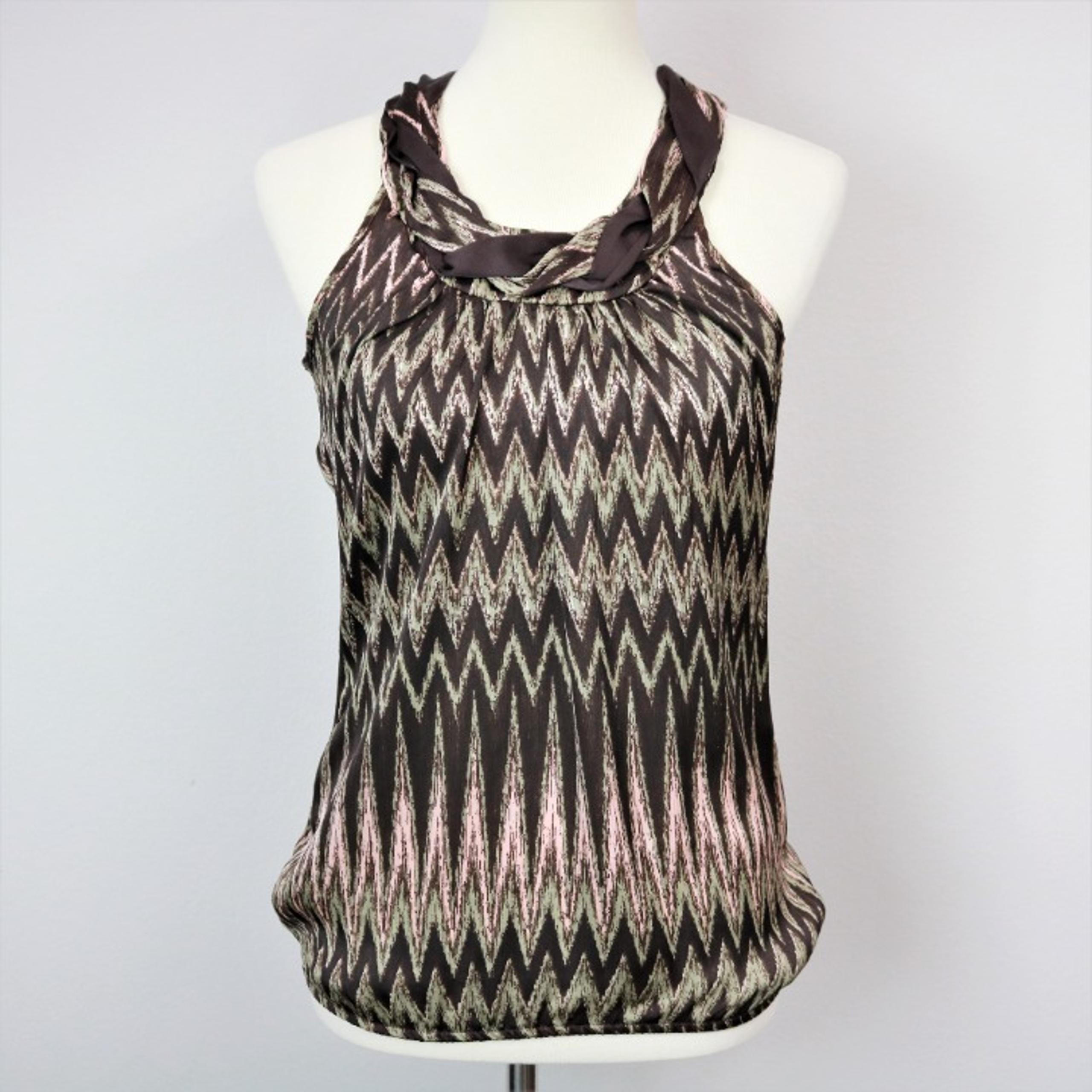 The HeartSoul Multicolor Zig Zag Brown Chiffon Braided Halter Top Women’s Size M
