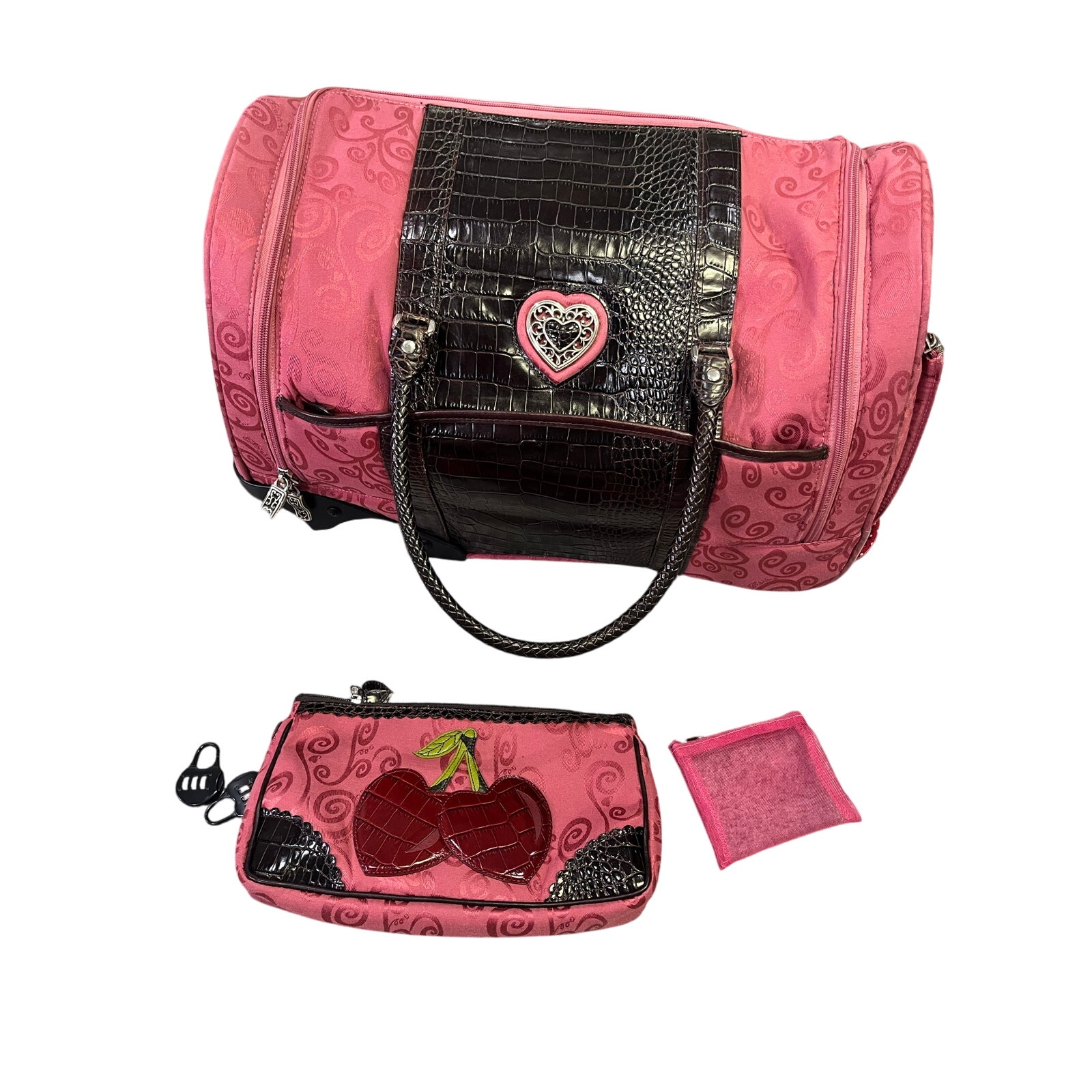 Brighton Rolling Duffle Weekender Bag Pink Floral Croc Embossed Leather Luggage