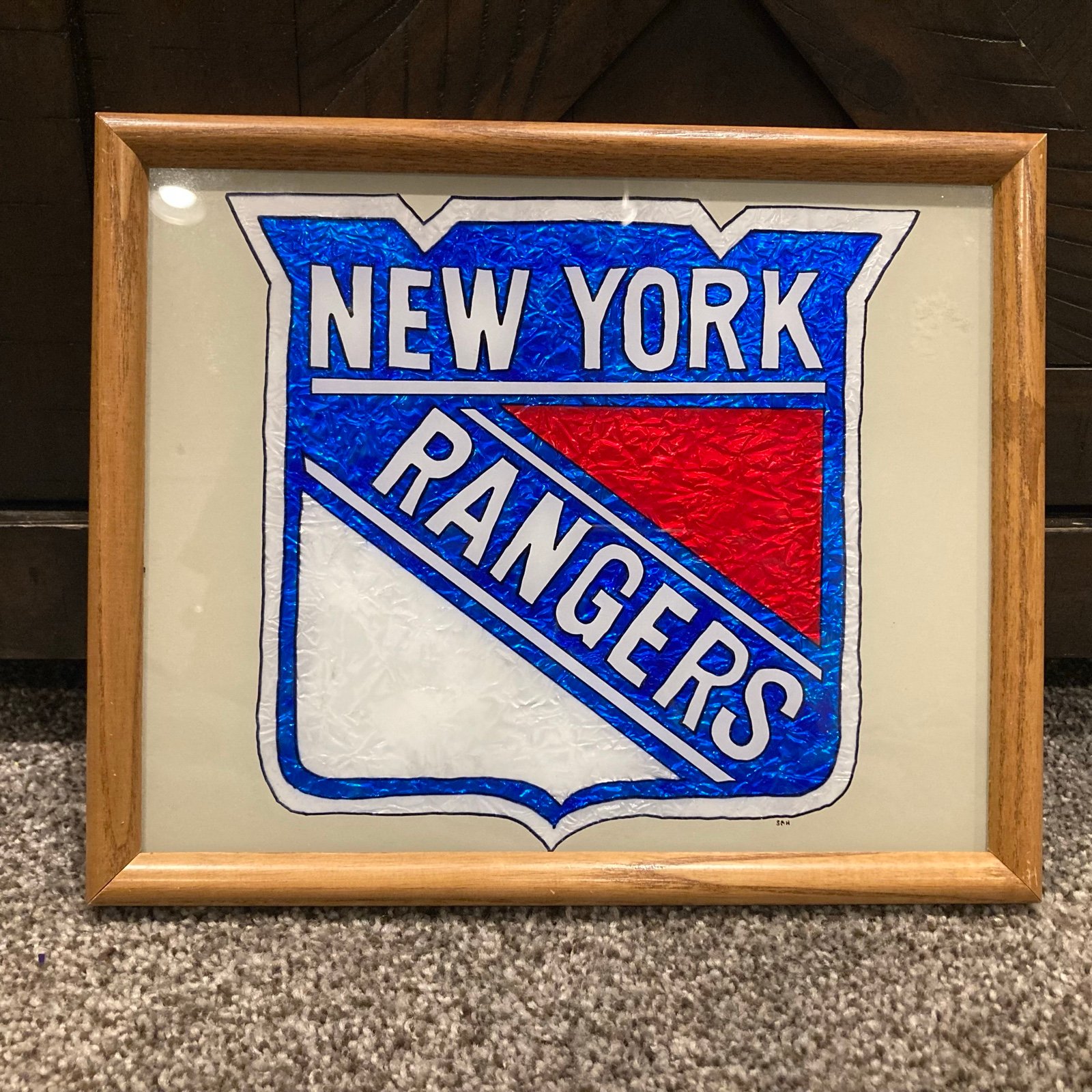 New York Rangers Logo Custom Art in Wooden Frame Signed by Artist - 11 x 9