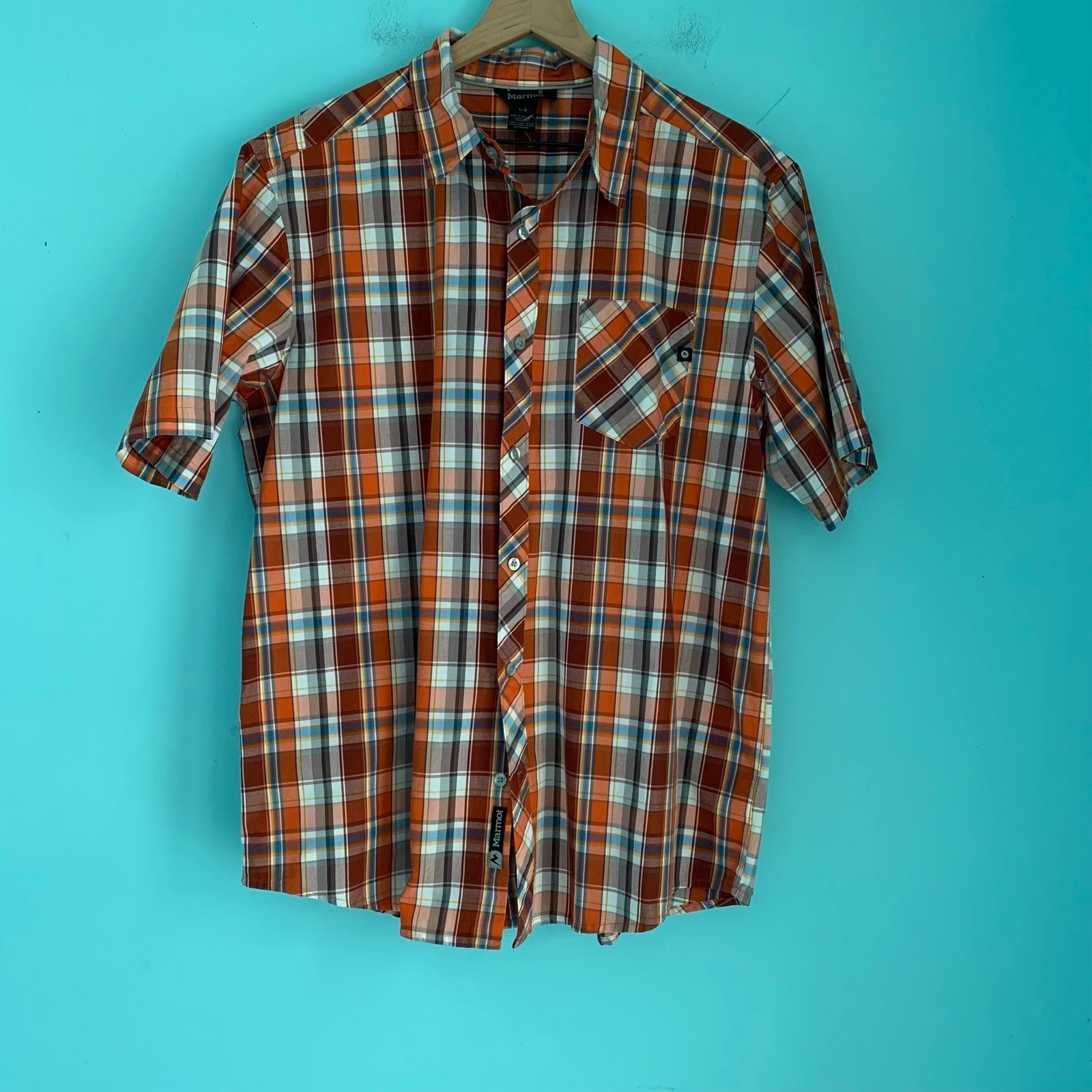 Marmot Stockton Short Sleeve Orange Plaid Organic Cotton UPF Hiking Shirt L REI