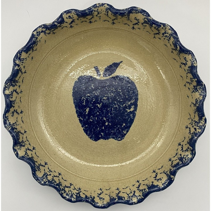 Handcrafted Jim Roth Pottery Pie Dish - Blue Apple Design - Dated 1997