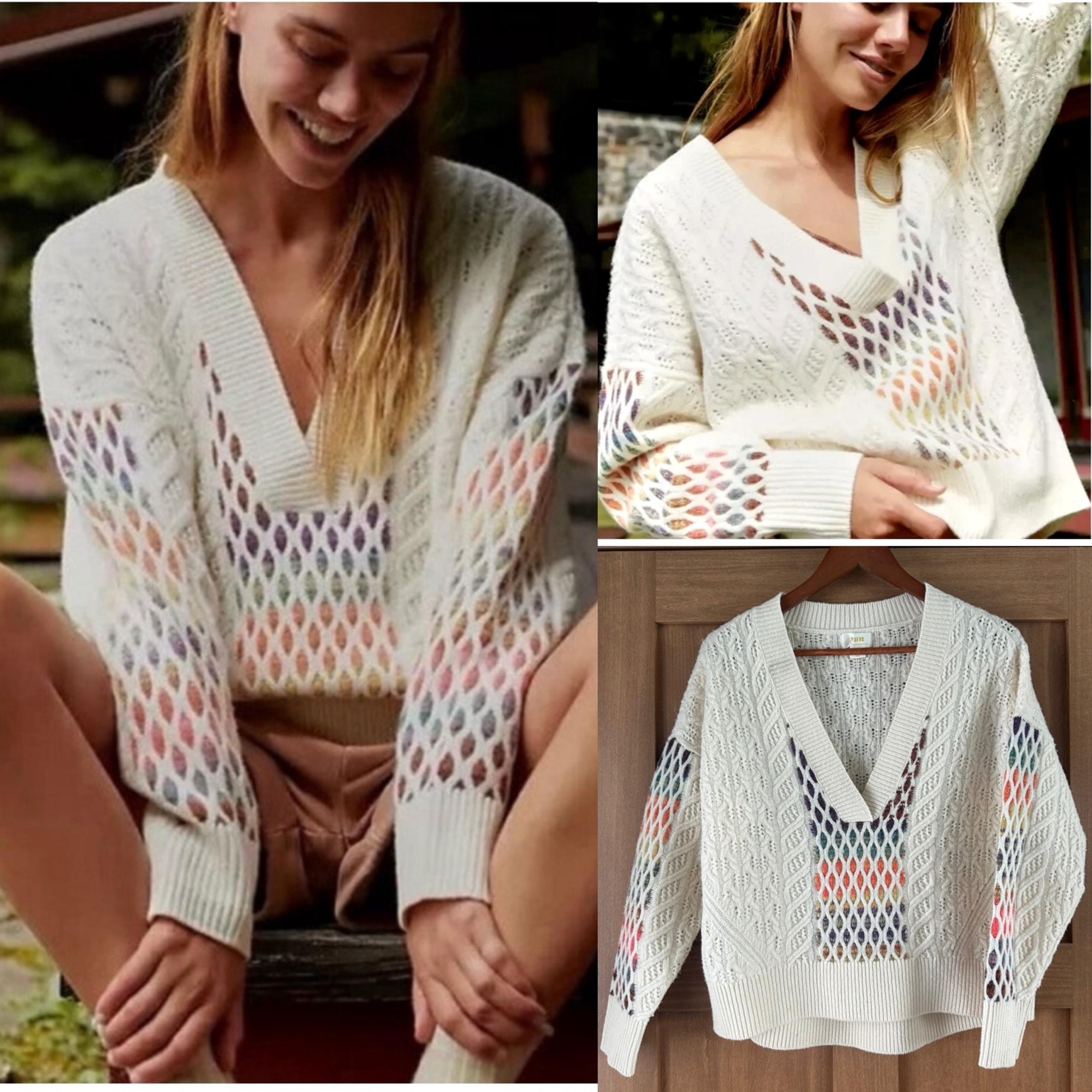Maeve Anthropologie Lambswool Cable Knit Rainbow V-Neck Sweater Womens XS