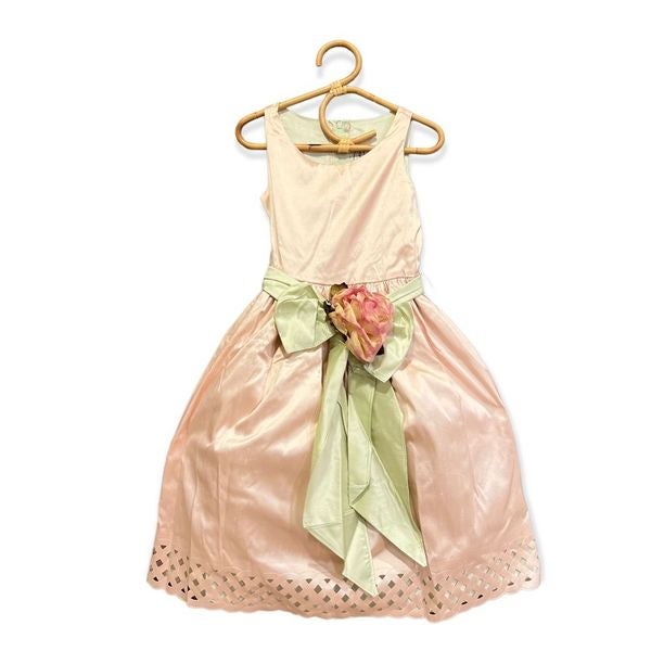 Dimples Apparel Shantung silk cottage core trellis dress girls pink green 4T new