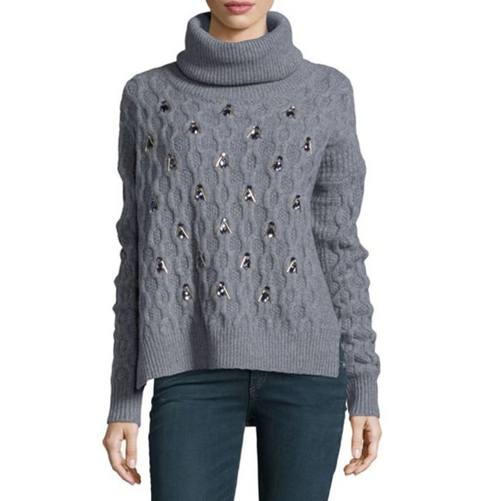 Markus Lupfer Cowl Neck Jeweled Embellished Textured Wool Sweater