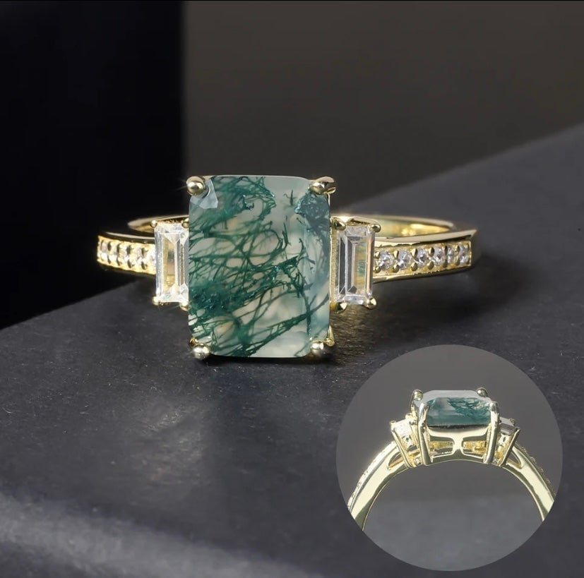 Moss Agate Gold Ring 925 Sz 6 & 7