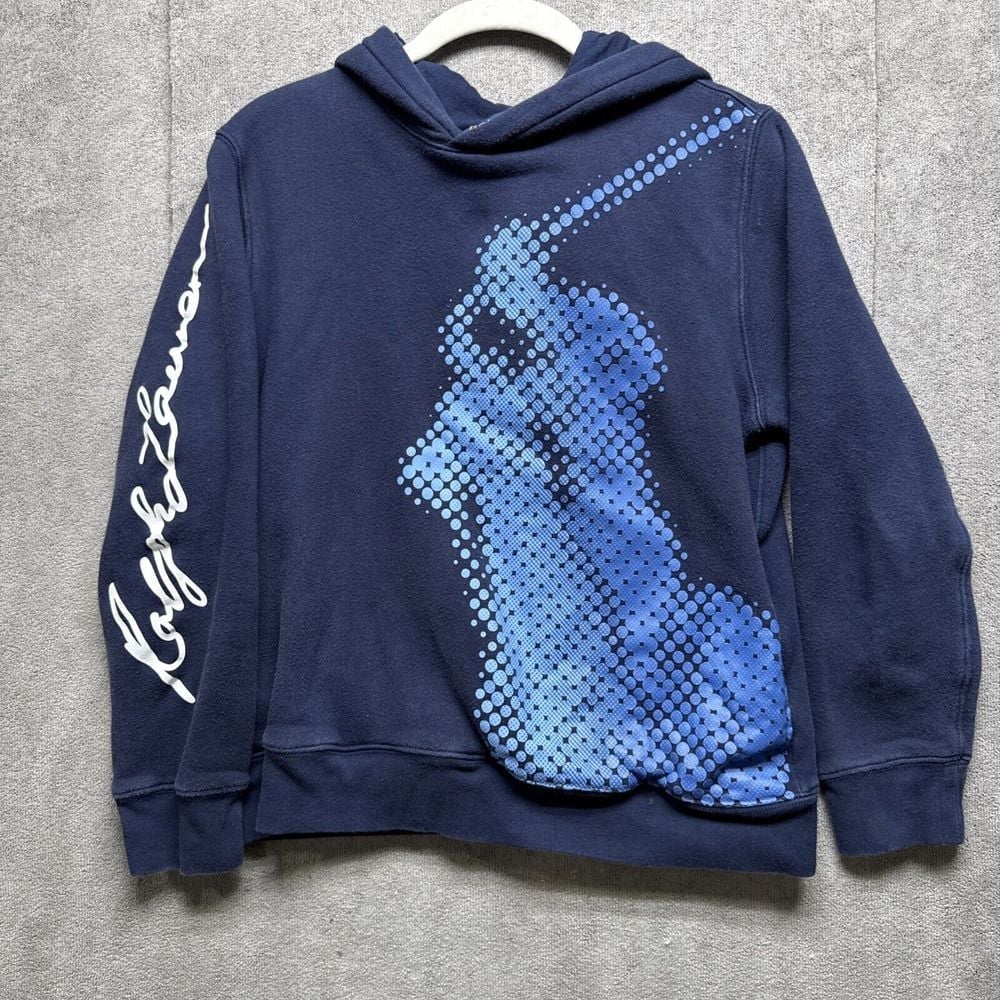 Polo Ralph Lauren Fleece Hoodie Boys L 14-16 Blue Pixel Dot Print Big Pony