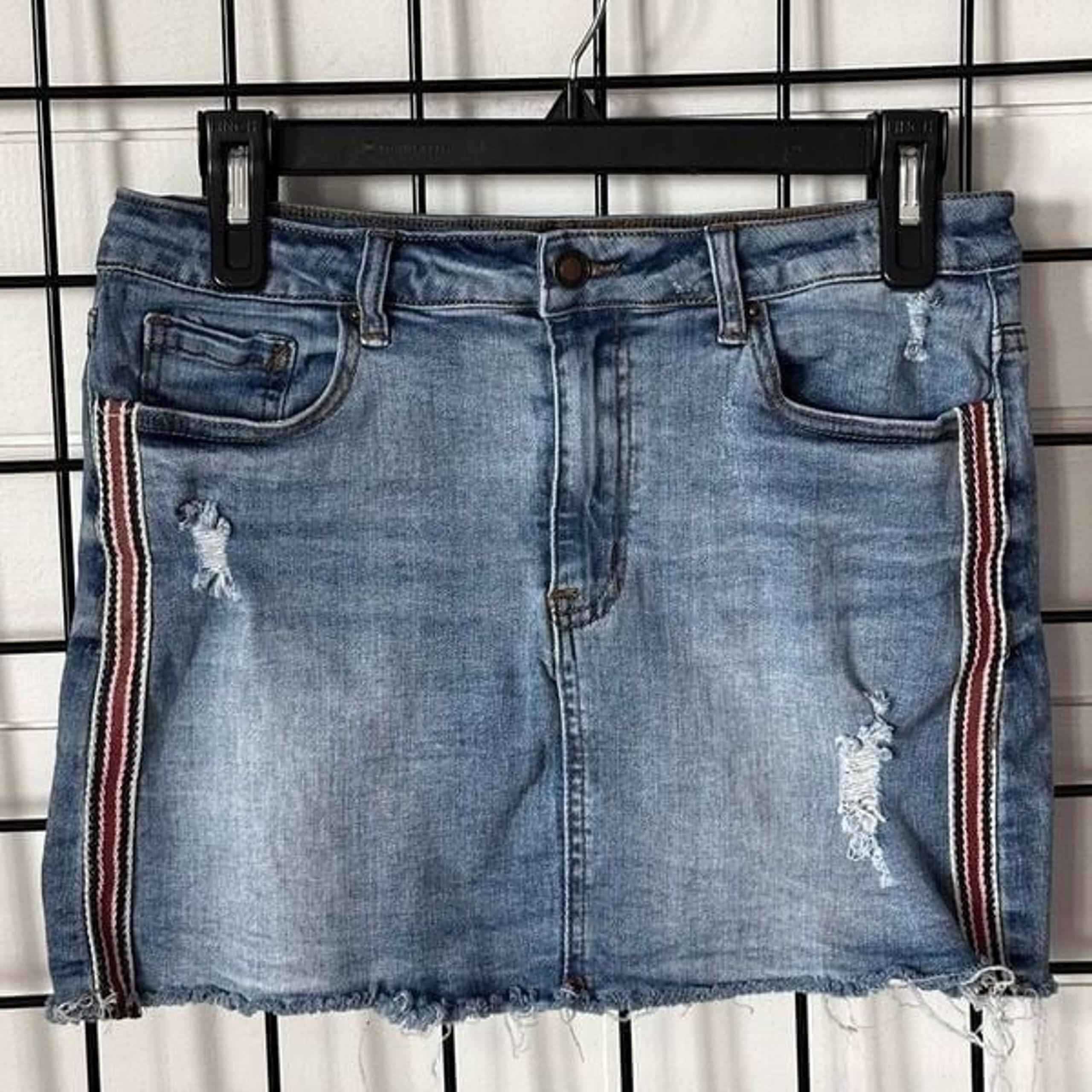 Angel Kiss Jean Skirt Womens L Blue Side Stripe Raw Hem Stretch Festival
