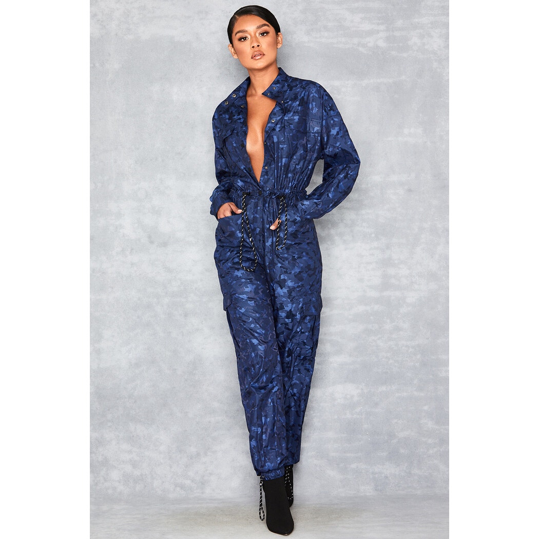 Mistress Rocks Los Angeles Blue Camo Print Drawstring 3/4 Jumpsuit Size Small