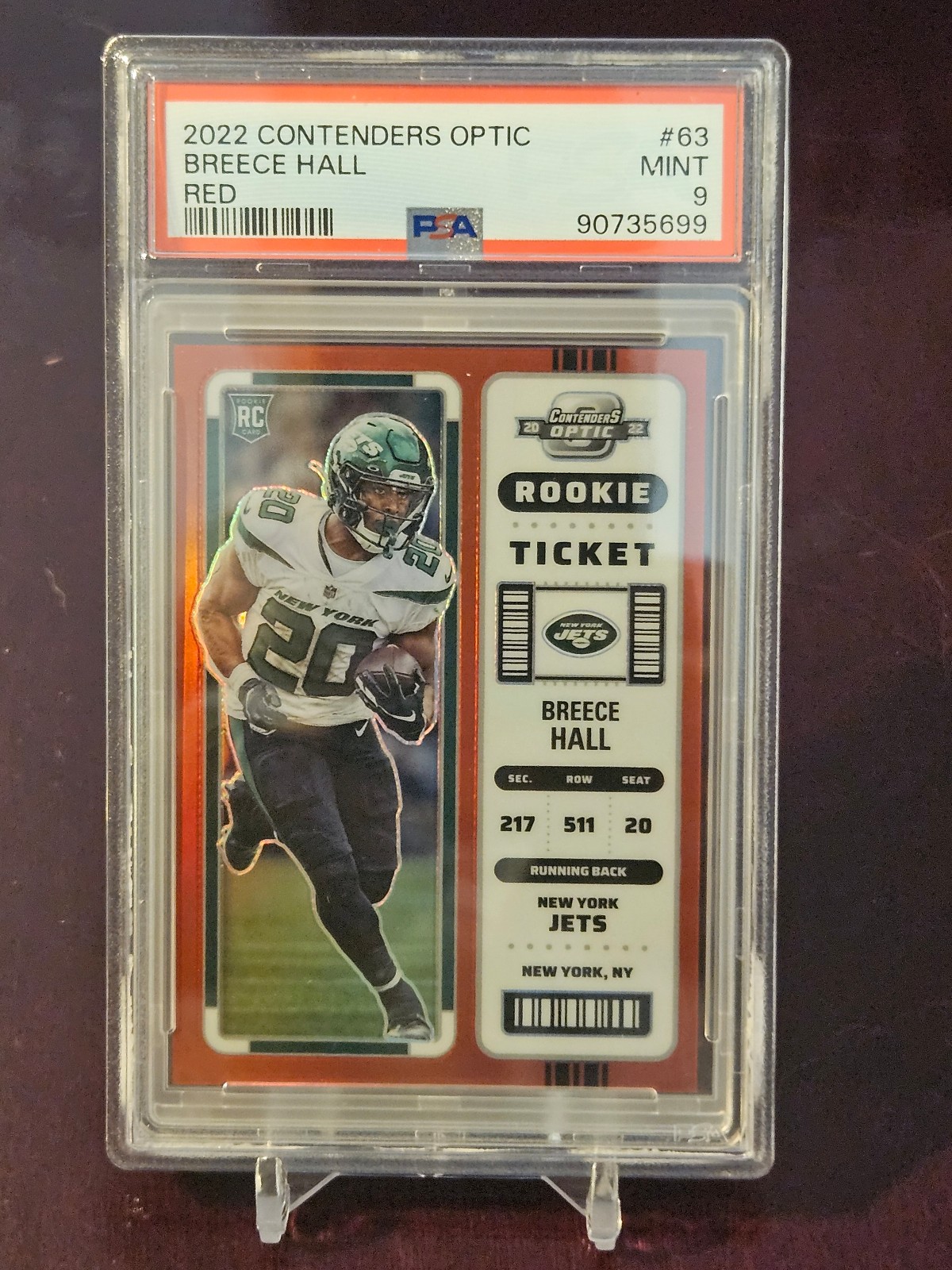 Breece Hall 2022 Contenders Optic Rookie Ticket—Red/175 #63 PSA 9