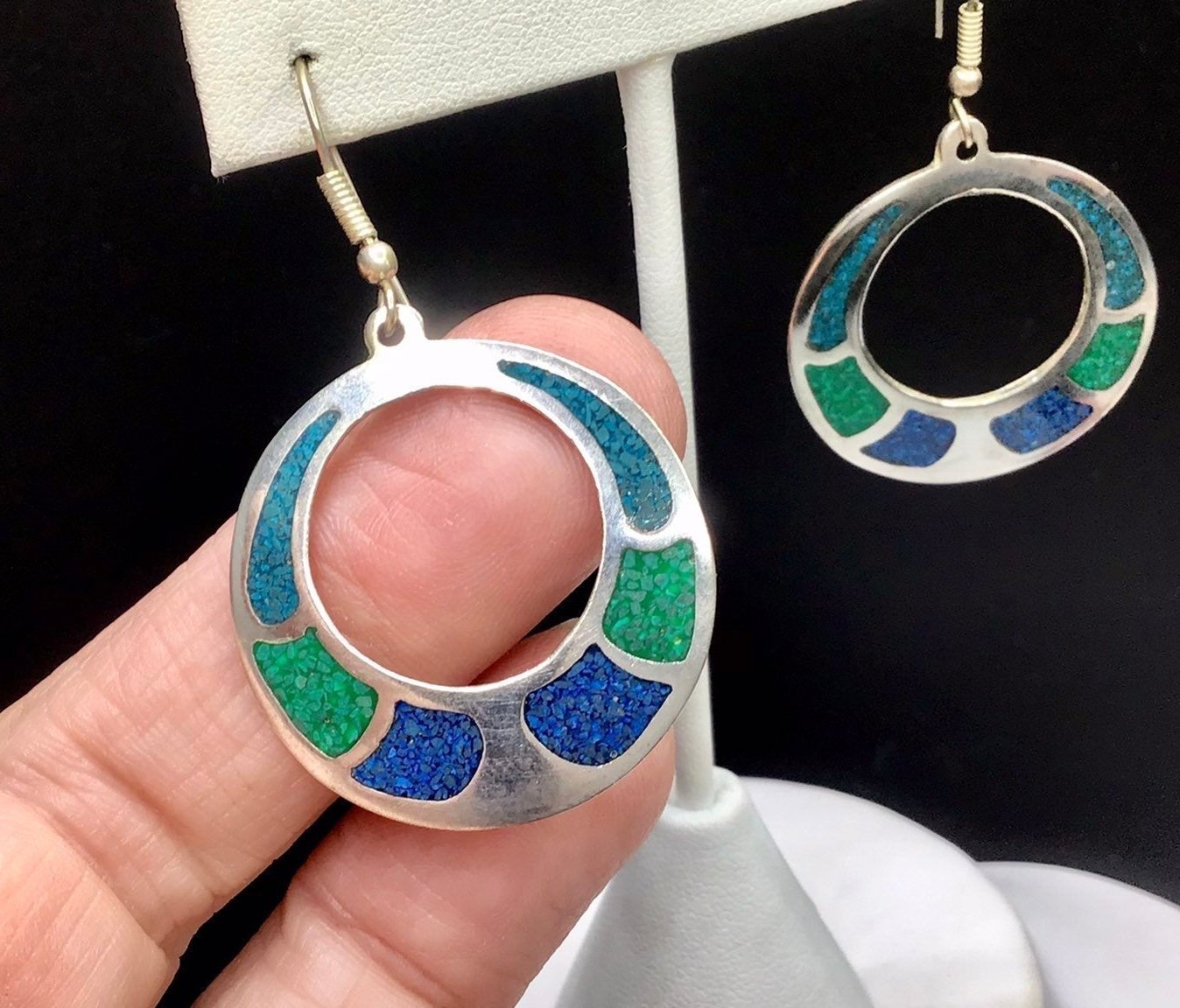 Vintage Sterling Turquoise, Lapis and Malachite Earrings