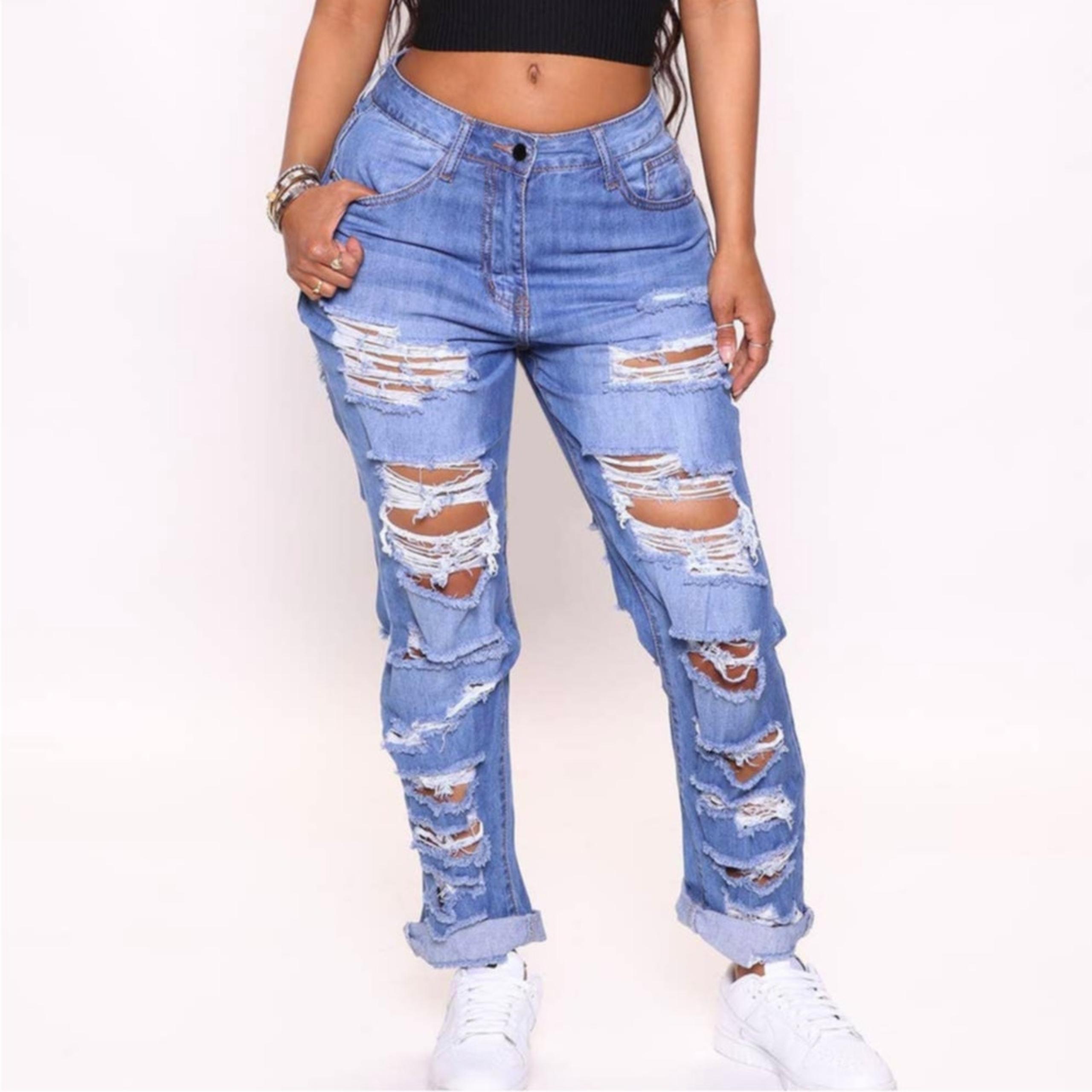 New Fashion Nova Size 1 Distressed Denim Jeans Blue Wash Cuffed Boyfriend Mom