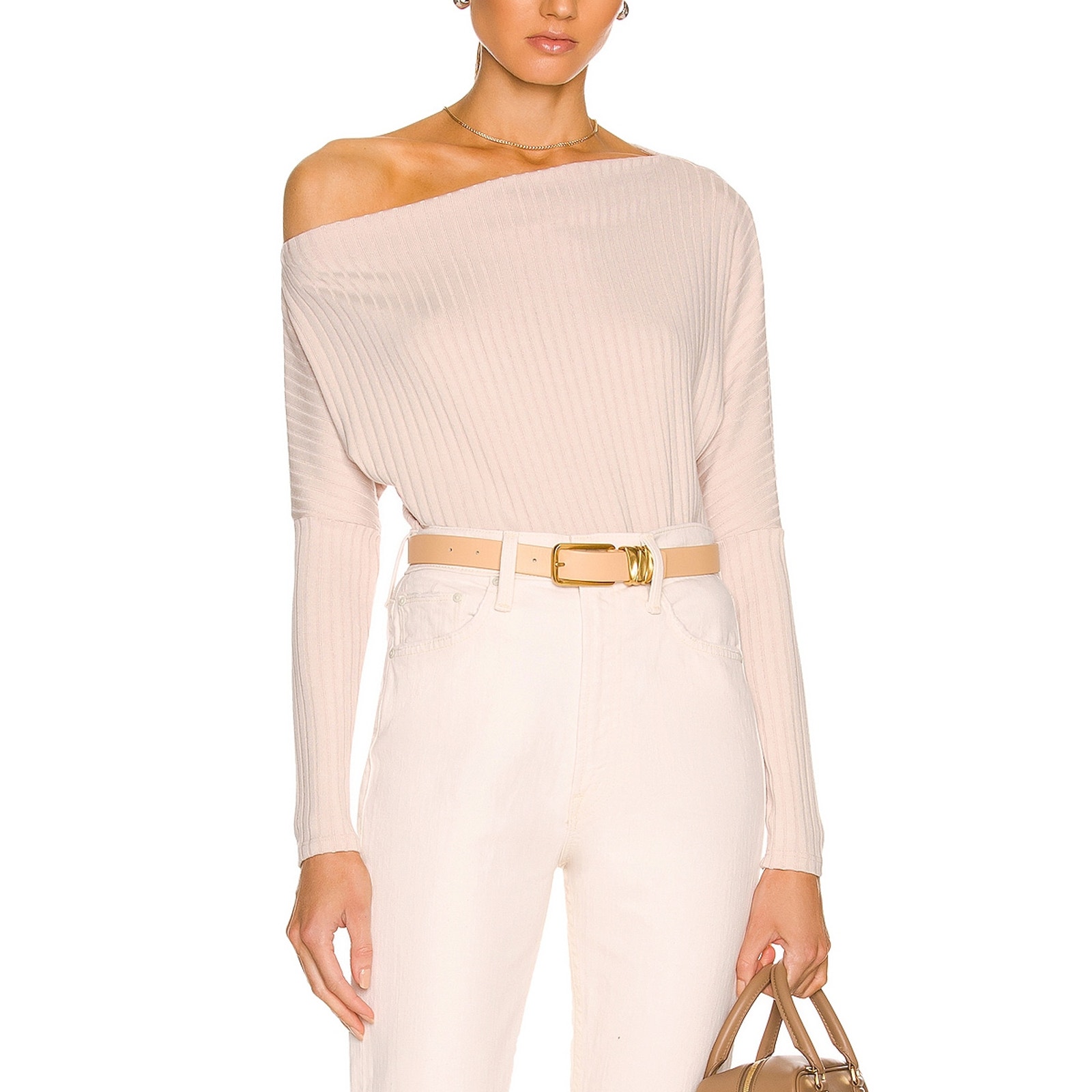 Enza Costa Rib Pink Slouch Off Shoudler Sweater Size M