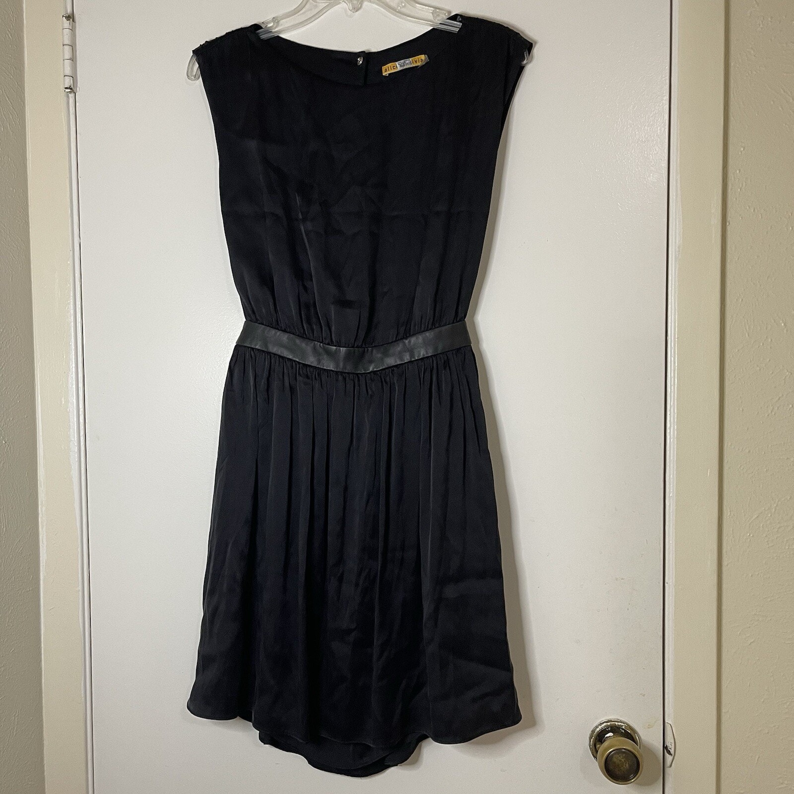 ALICE + OLIVIA black silk leather trim fit and flare dress cutout back size Smal