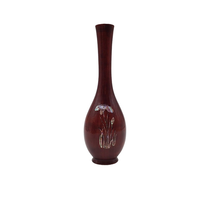 Vintage Inlaid Abalone Shell Iris Flower Red Brown Turned Wood Lacquer 8.5 Vase