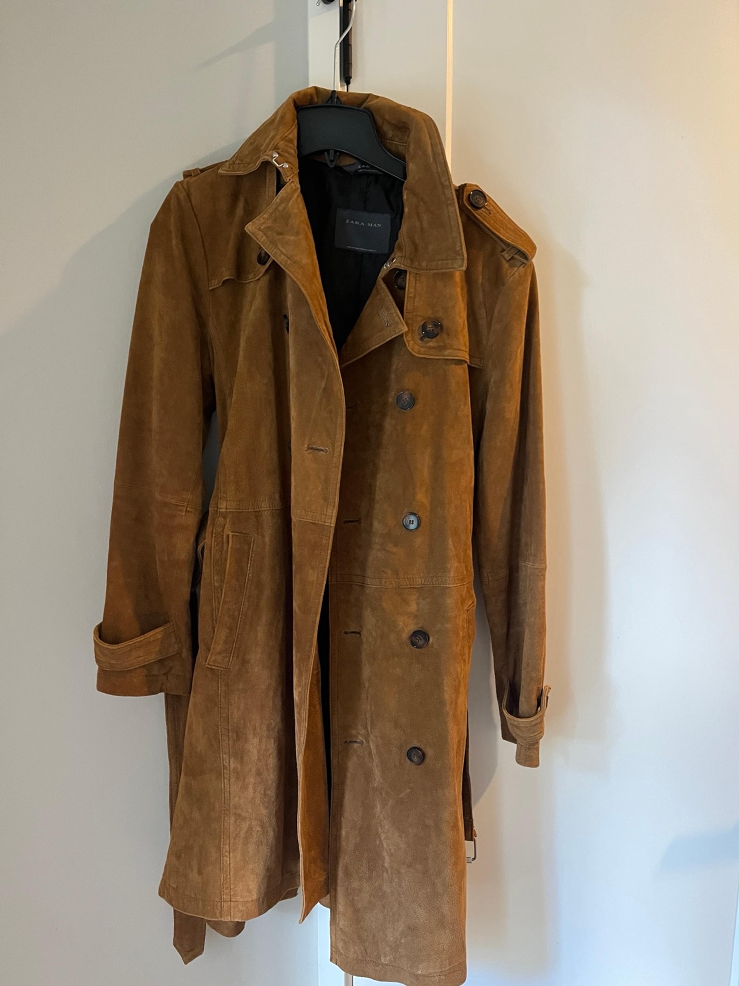 Zara Men Trench Coat Classic Genuine Brown Suede Leather Costumes Cosplay