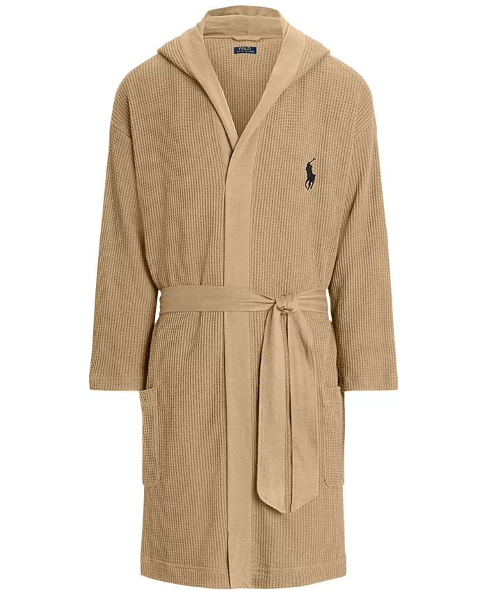 NWT POLO RALPH LAUREN Mens Luxury Bath Robe Big Pony Size S/M Beige Waffle Knit