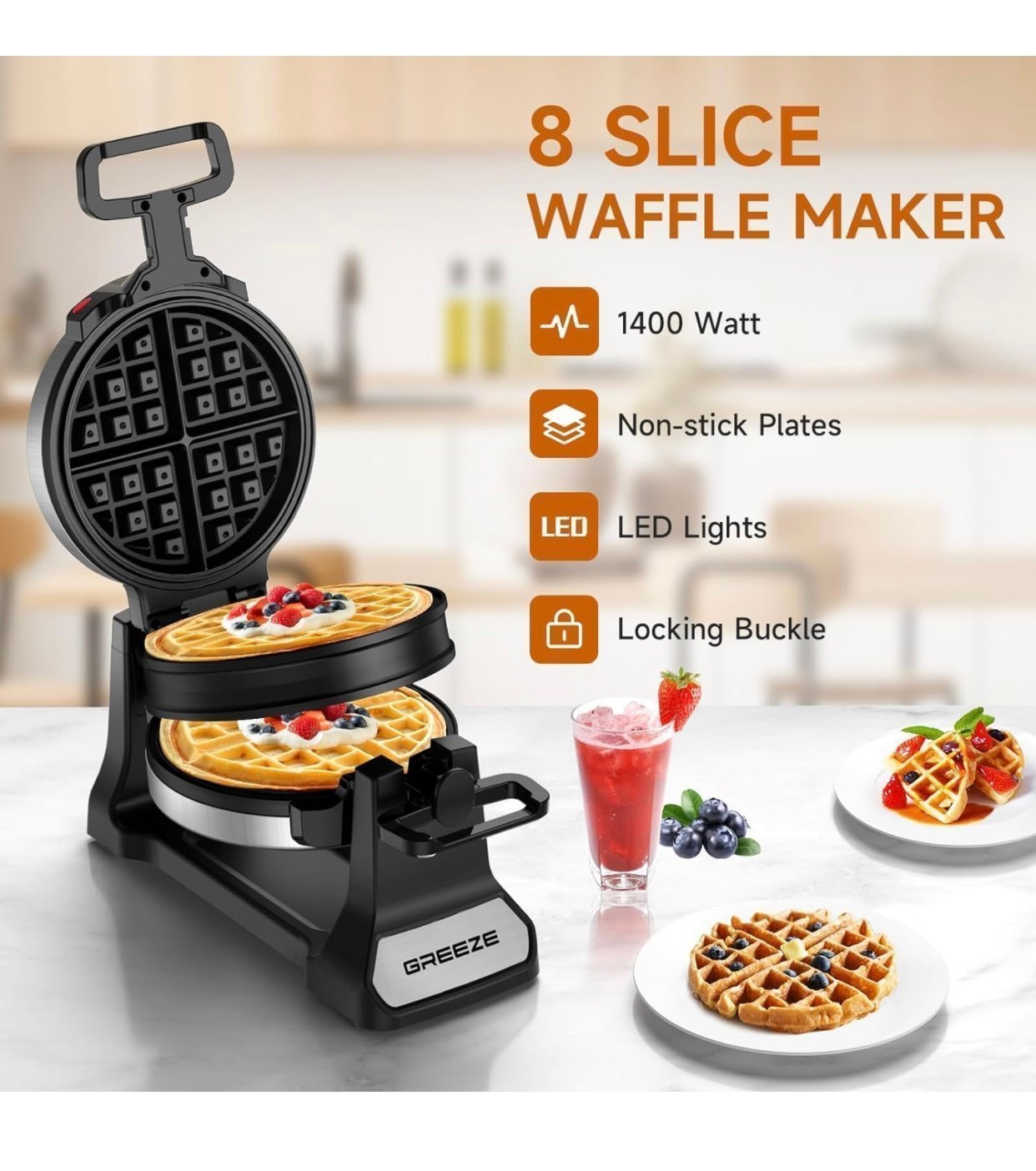 1400W Double (8 Slices) Belgian Waffle Maker with 180°Flip, Stainless Steel Waff