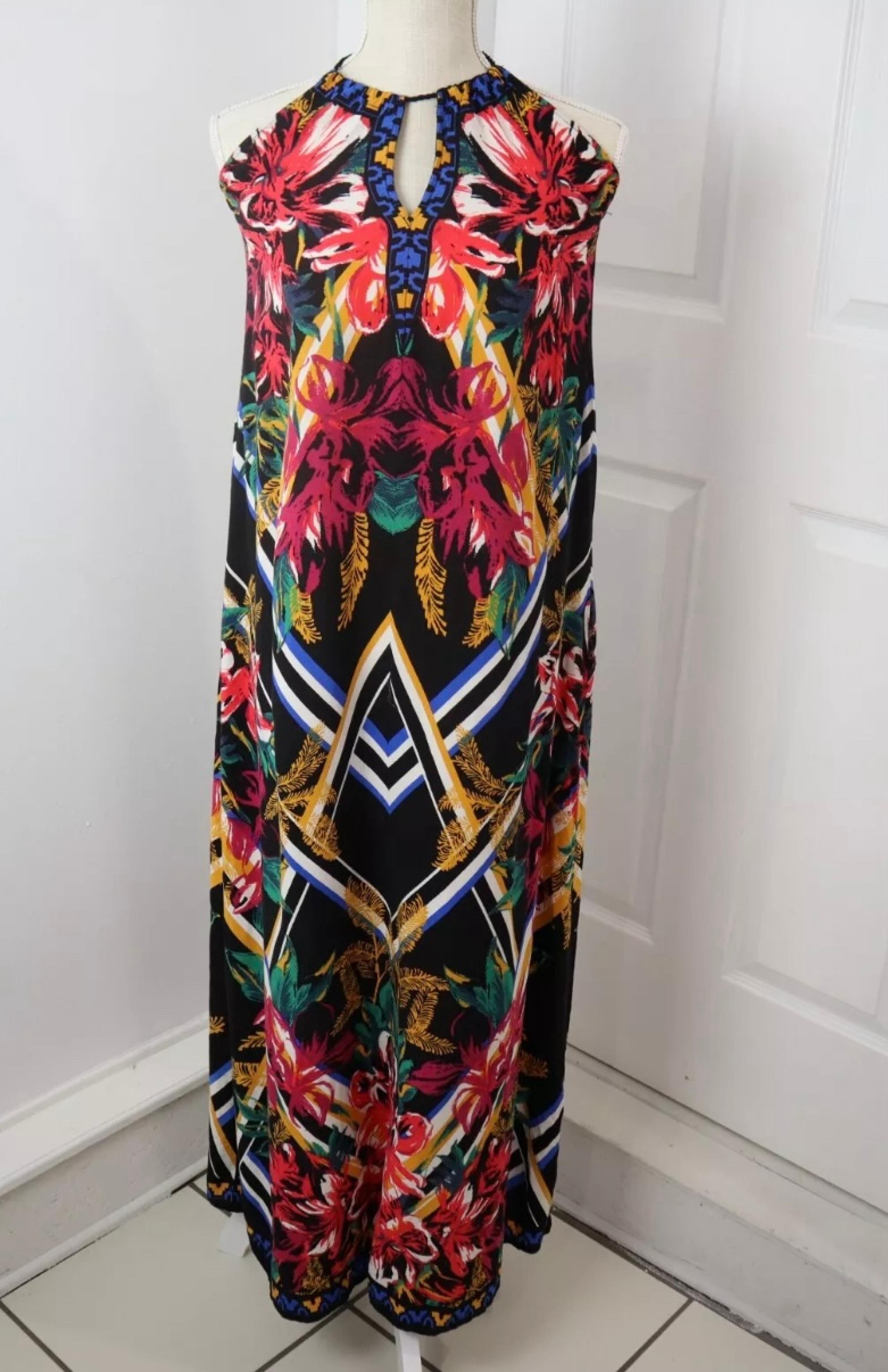 Flying Tomato Dress Womens medium Black Floral Halter Keyhole Tassels Maxi