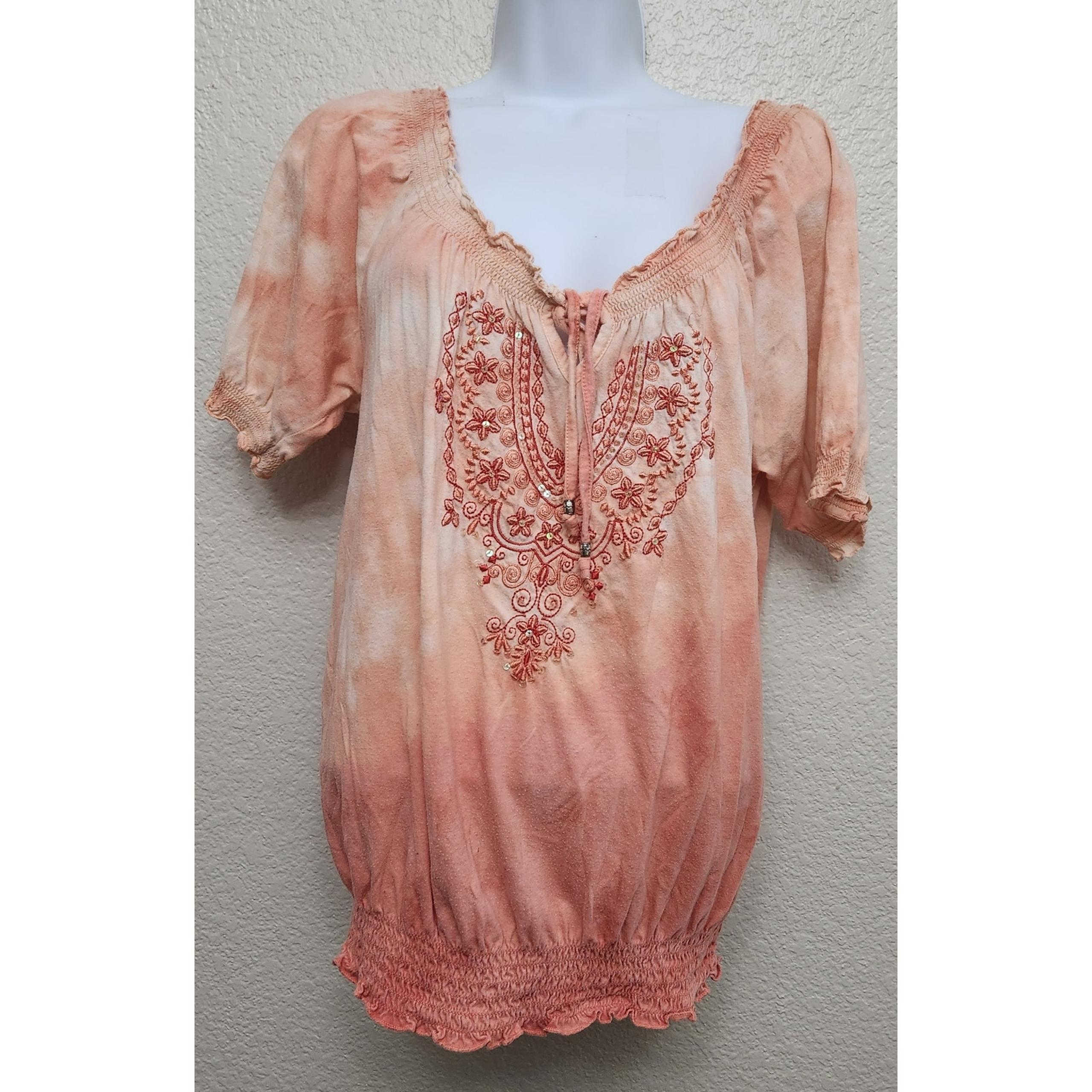 RXB Orange White Tie Dye Embroidered Sequin Front Top Medium Lightweight Stretch