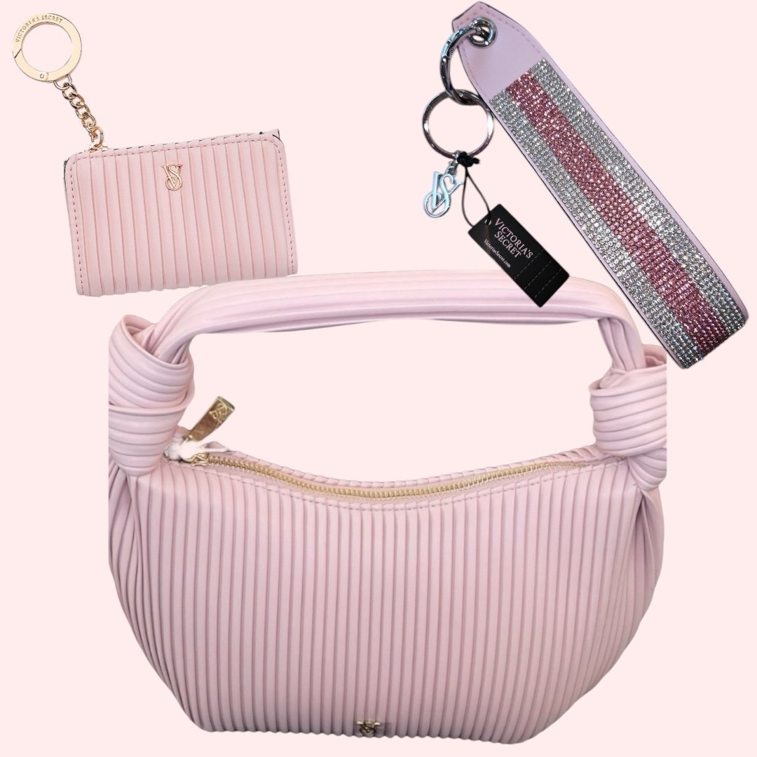 Victoria’s Secret “CHALK ROSE” Pink Knotted Top Handle Bag 3 piece bundle