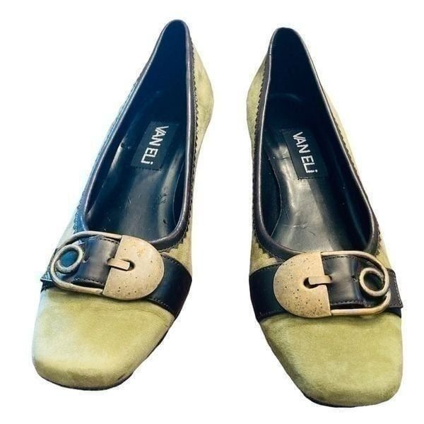 RARE Vaneli Victorian Green Suede Pumps Antique Gold Buckle,Chocolate Trim Heel