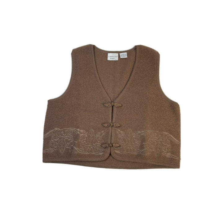Vintage Petite Boiled Wool Leaf Stitch Toggle Sweater Vest Womens XL