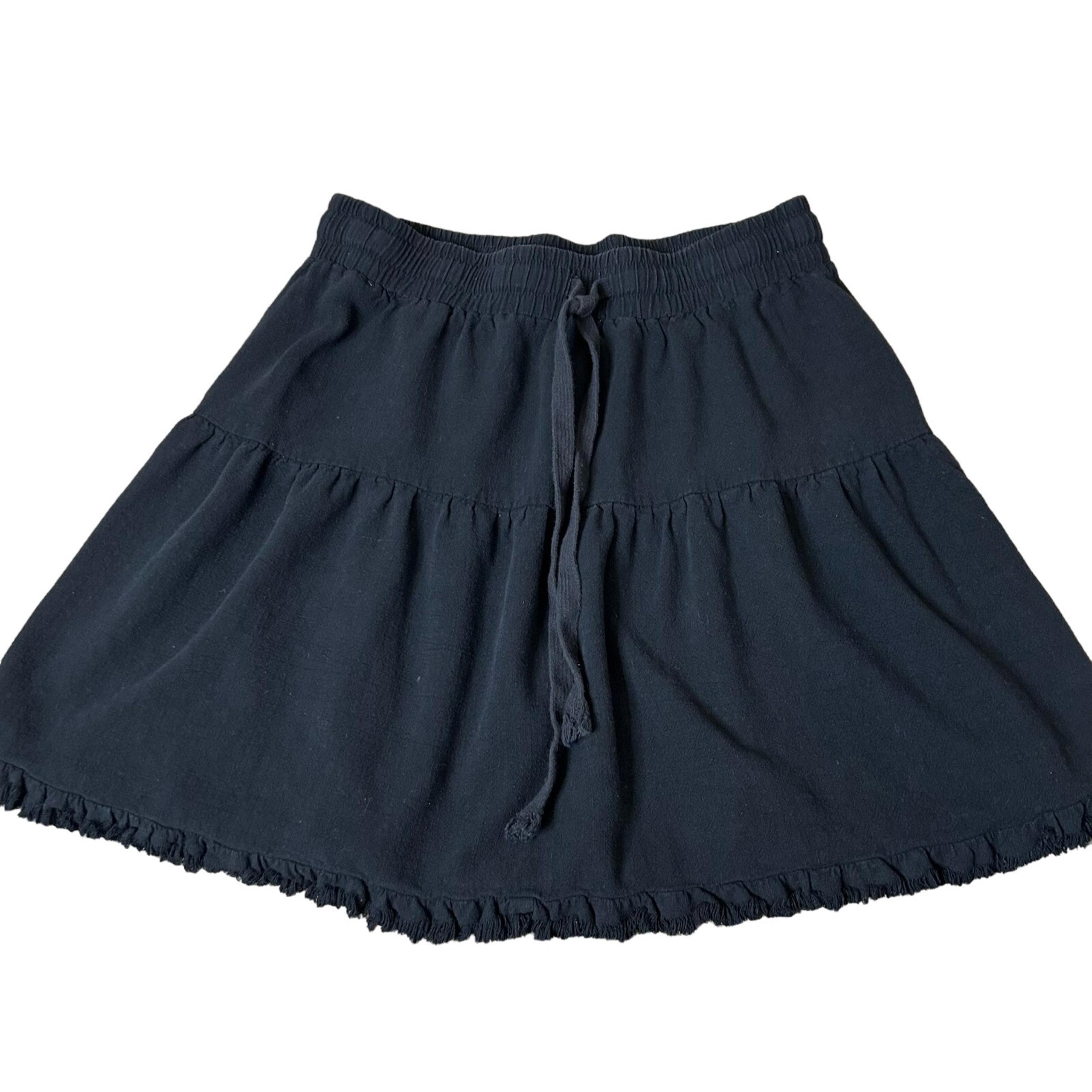 Umgee mini skirt black elastic waist pull on tiered short linen/cotton SZ M