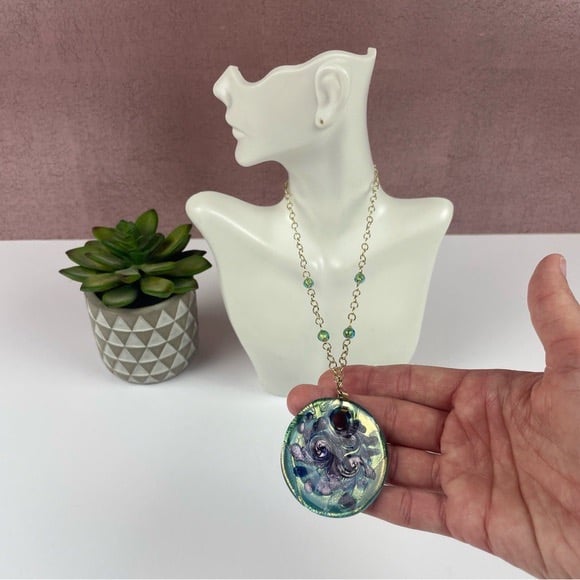 Bolivia 14K Gold AU Murano Blue Green Glass Pendant Necklace Vintage Boho