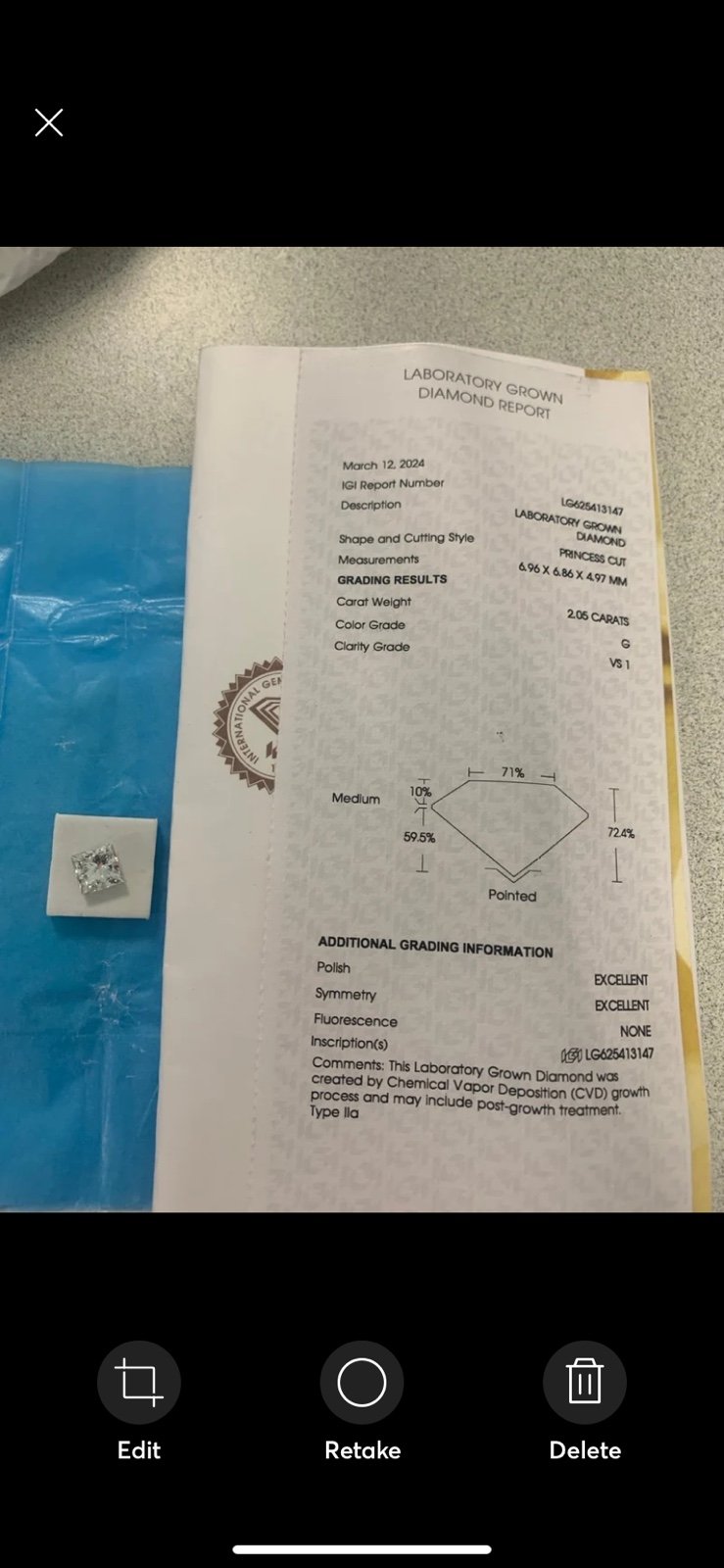 Lab grown 2.05 carat princess diamond