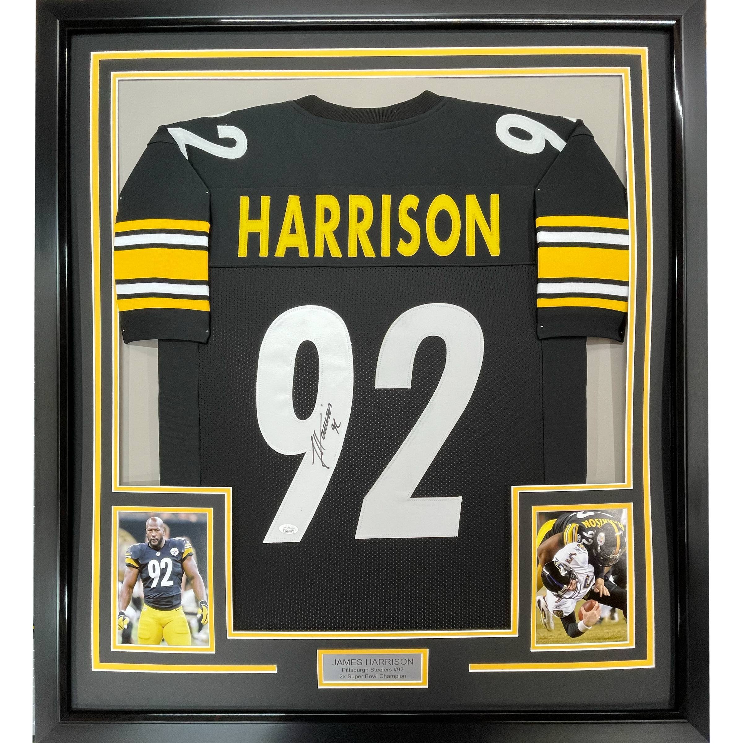 Framed Autographed/Signed James Harrison 35x39 Pittsburgh Black Jersey Beckett