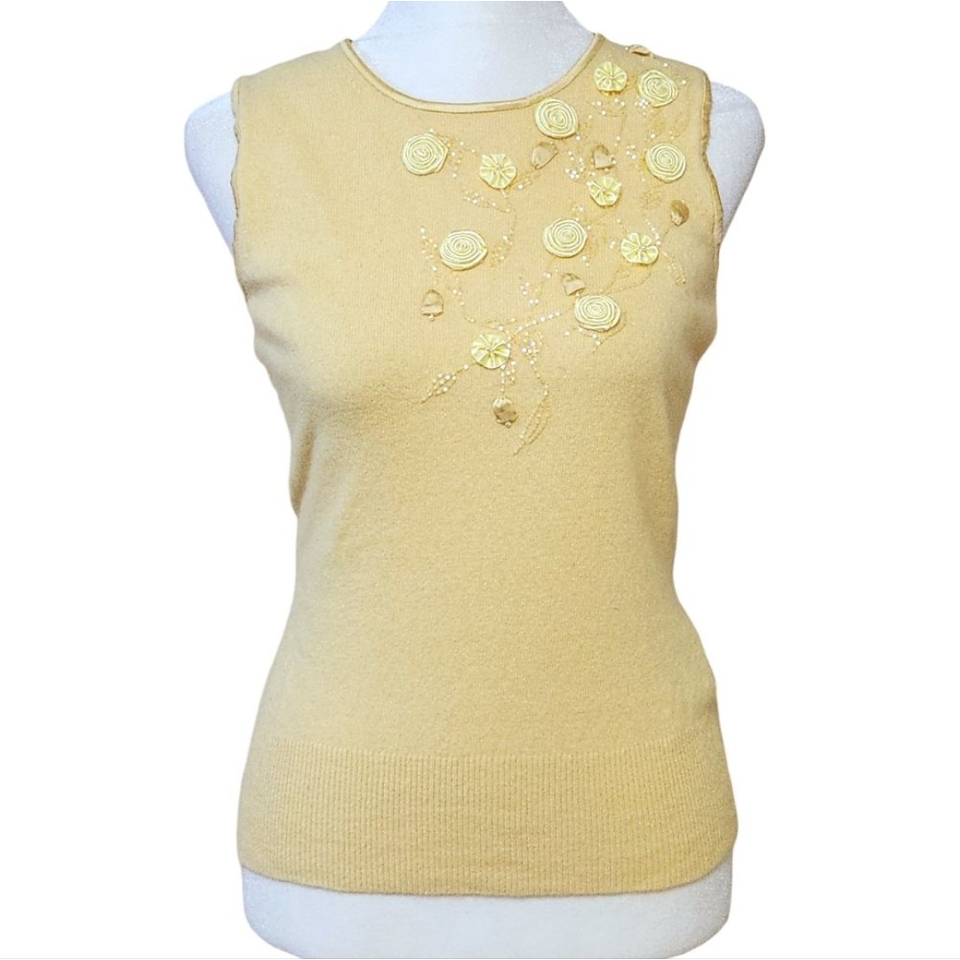 Banana Republic Sleeveless Sweater Yellow Angora Wool Blend Beaded Embroidery XS