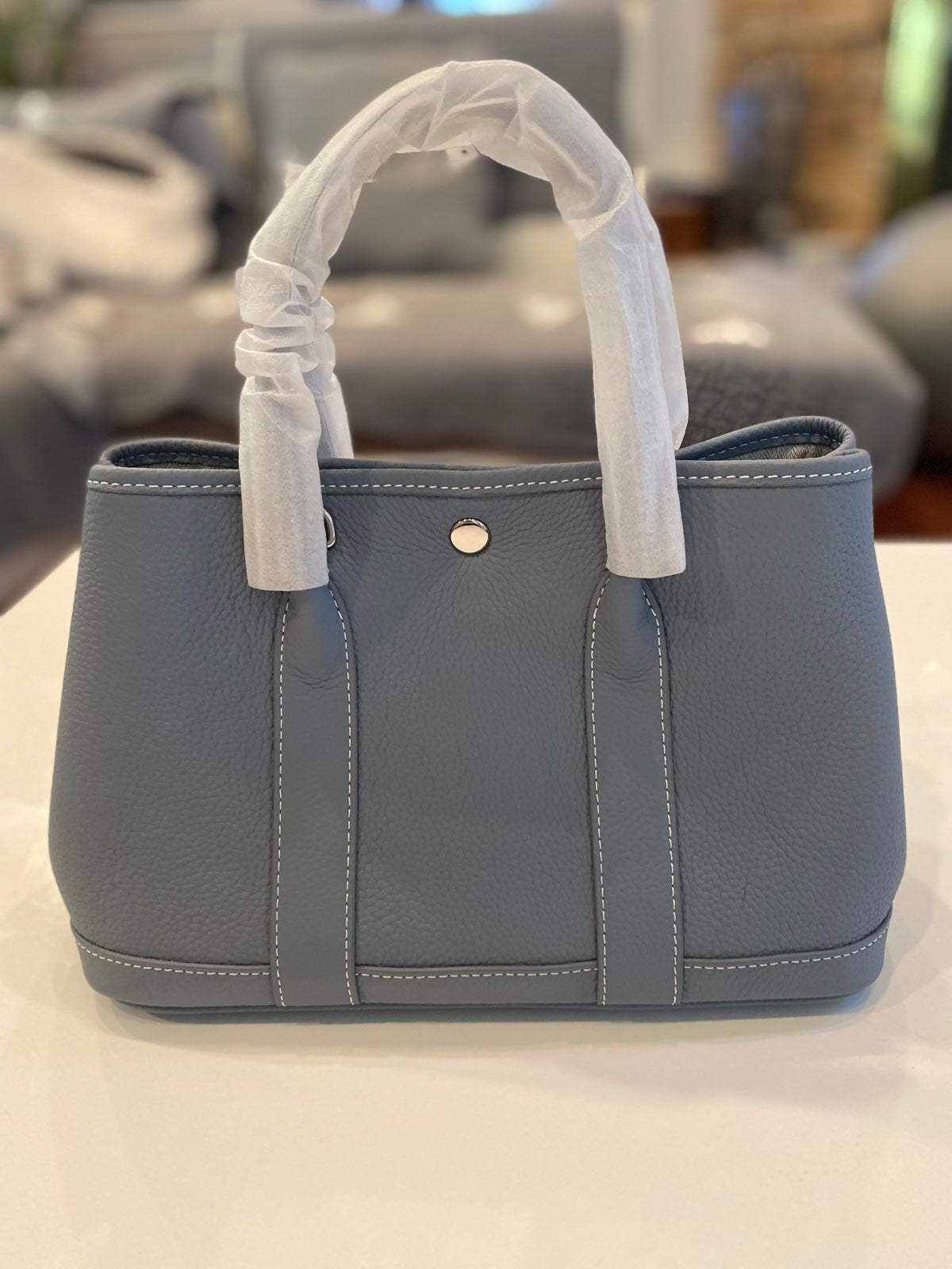 Unbranded Bleu Lin 30CM Togo leather satchel Tote Bag with wife crossbody strap