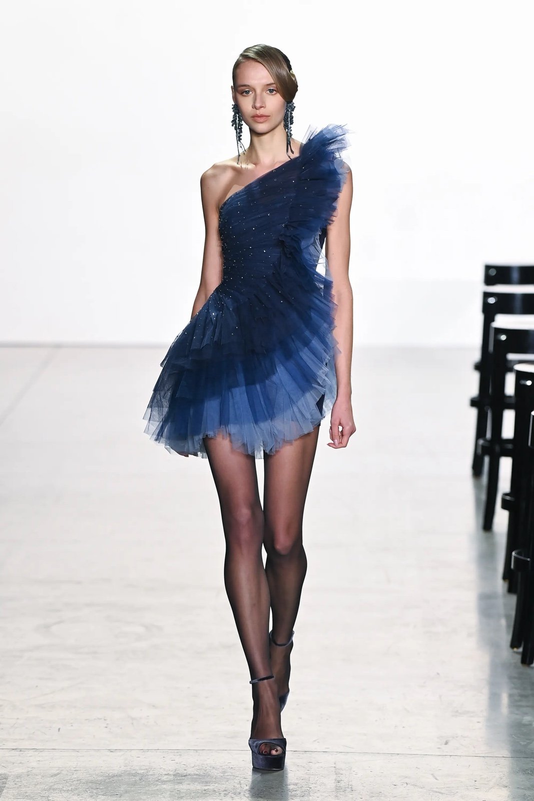 Badgley Mischka runway collection blue ruffle dress