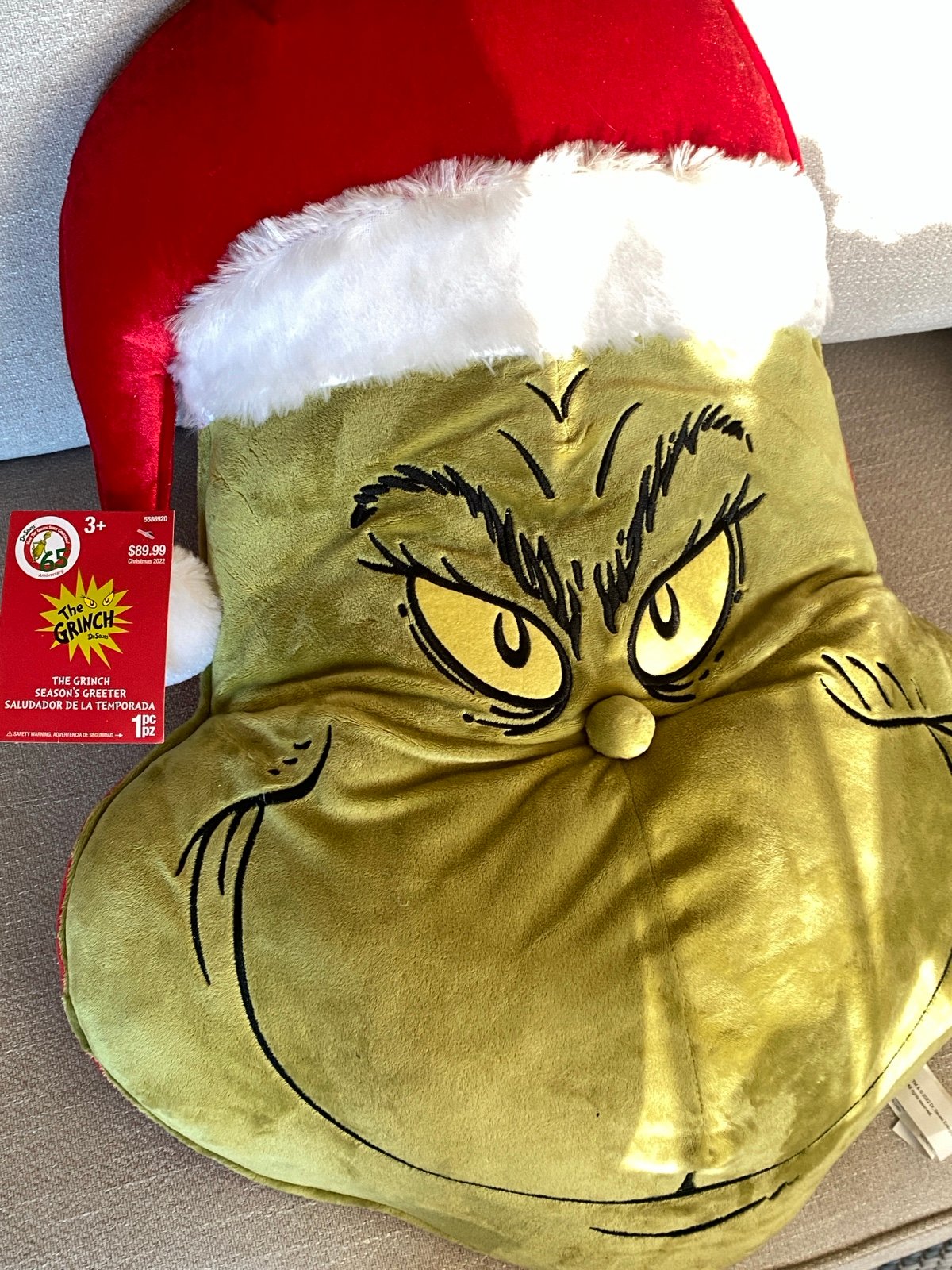 Hanging Plush Green Grinch w/ Santa Hat Christmas Decoration Greeter