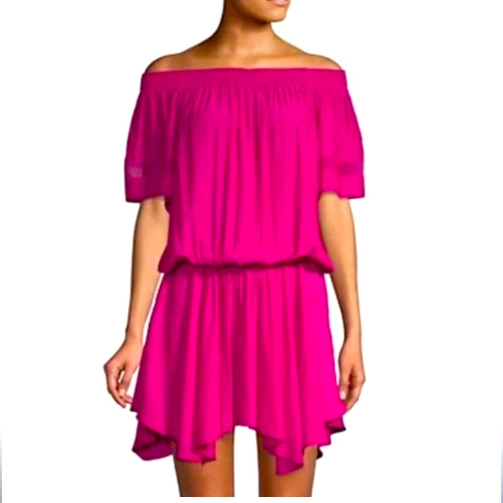 Ramy Brook Jessica Solid Off-The-Shoulder Dress Hot Pink Fuchsia Party XS EUC