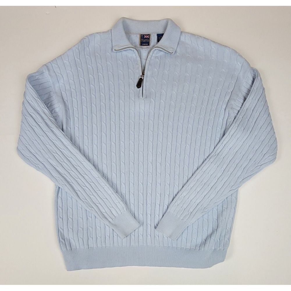 T. Harris London Sweater Mens XL. Vintage Cable knit Qt Zip Baby Blue.