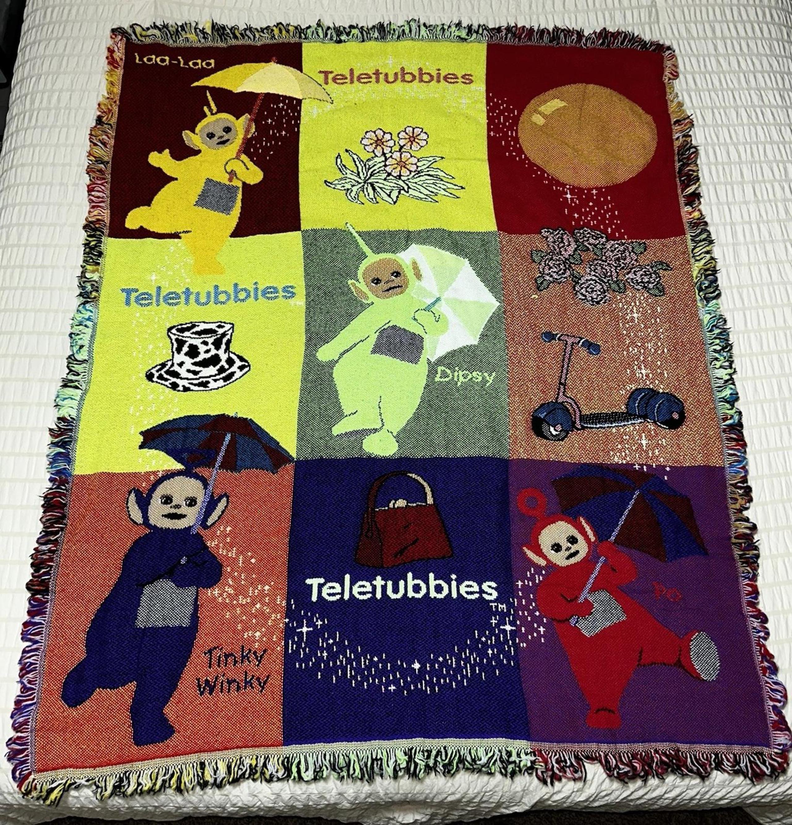 Vintage Teletubbies Acrylic Woven Throw Blanket Made In The USA 43X54 EUC