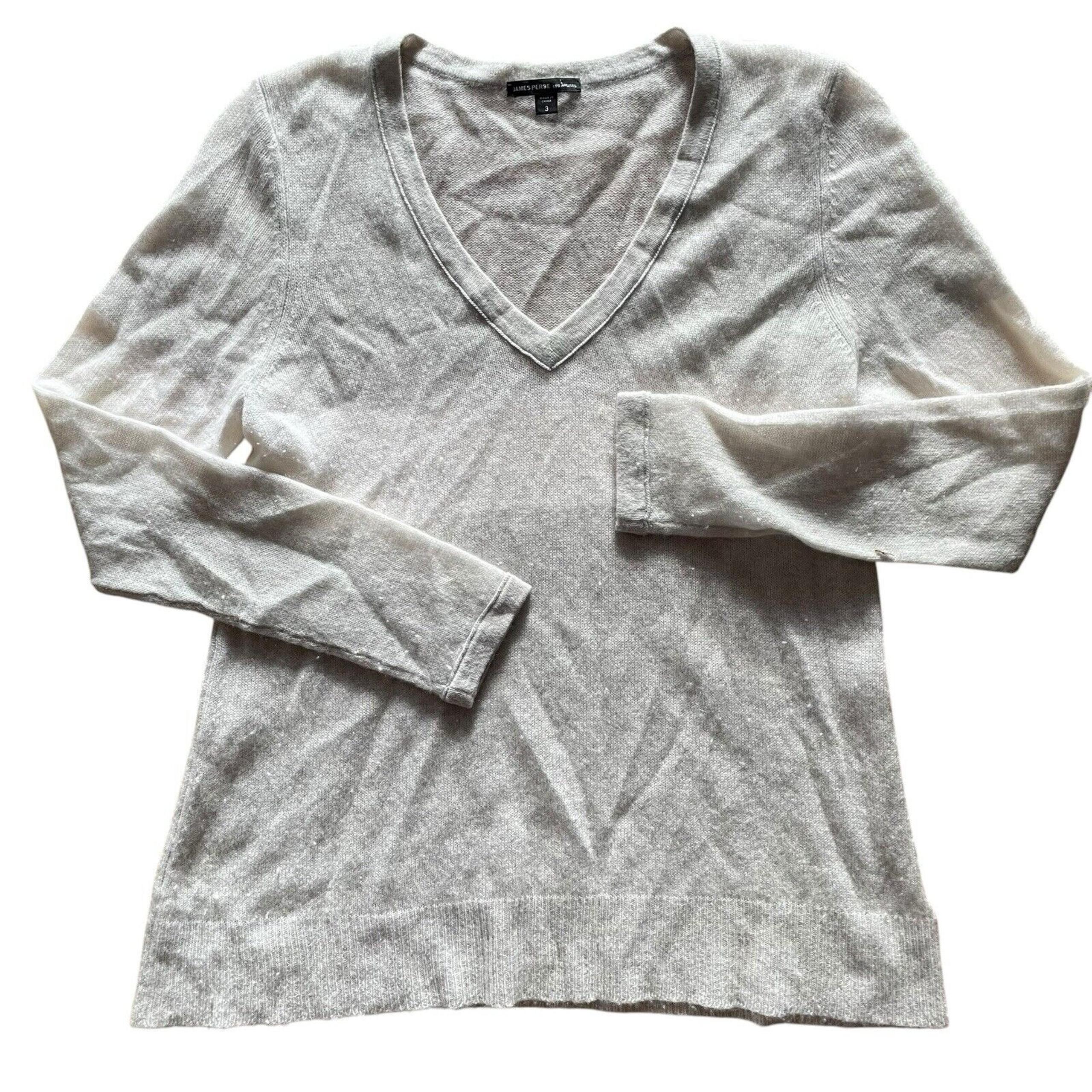 James Perse Women's Pullover Sweater 100% Cashmere Gray Preppy V-Neck 3 Large