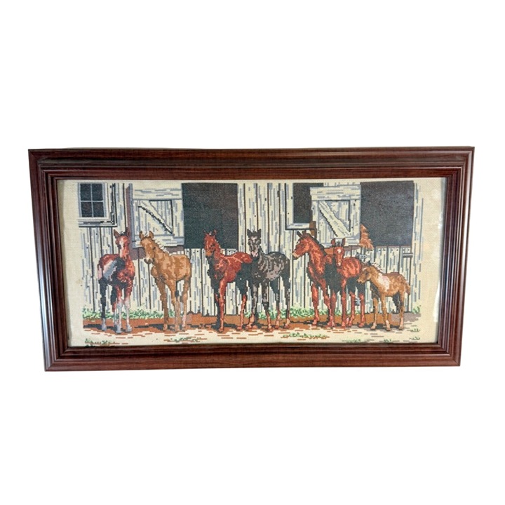 Competed Little Partners Cross Stitch Decorative Horse Art Framed VTG Wall Decor