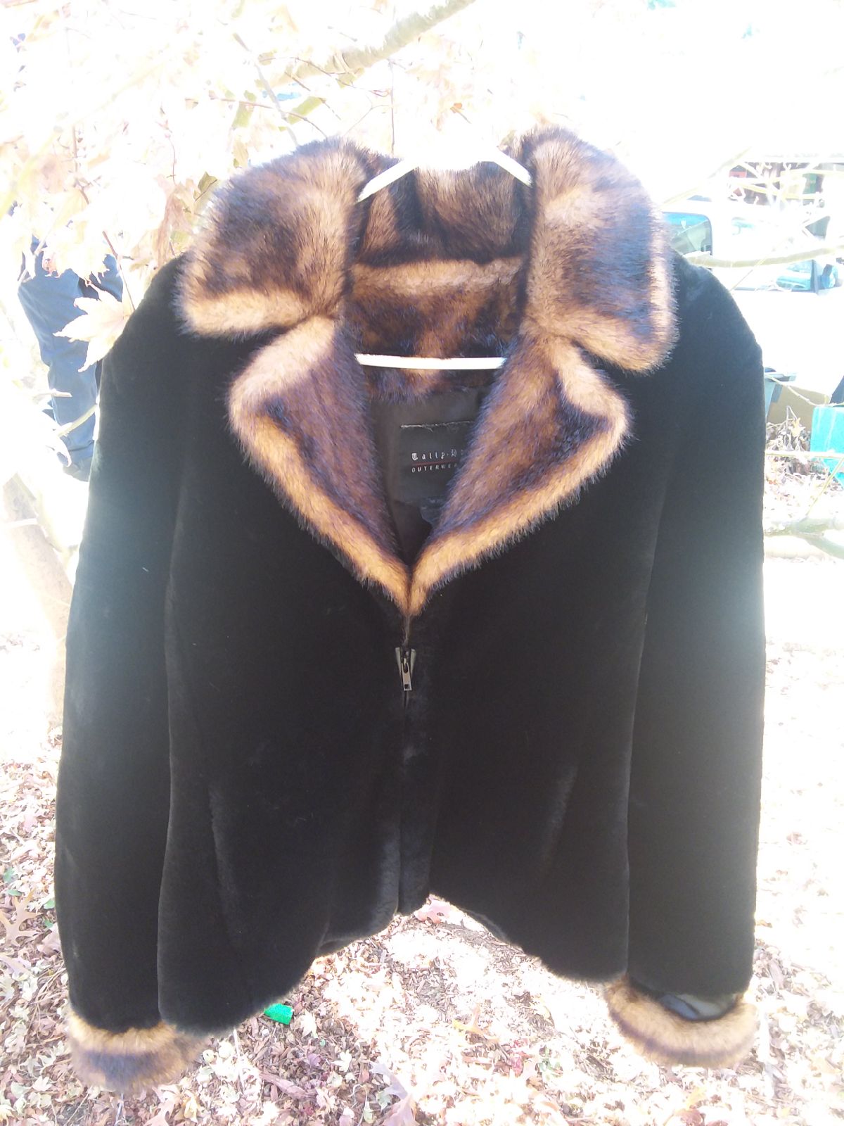 Vint.Faux fur waist length black coat xl