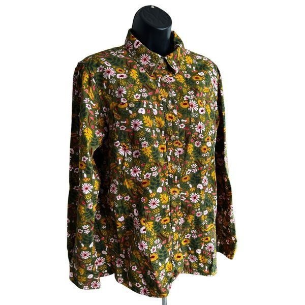 Vtg Duluth Trading Women’s Med Flannel Shirt Floral Green-Pink-Gold Autumn Print