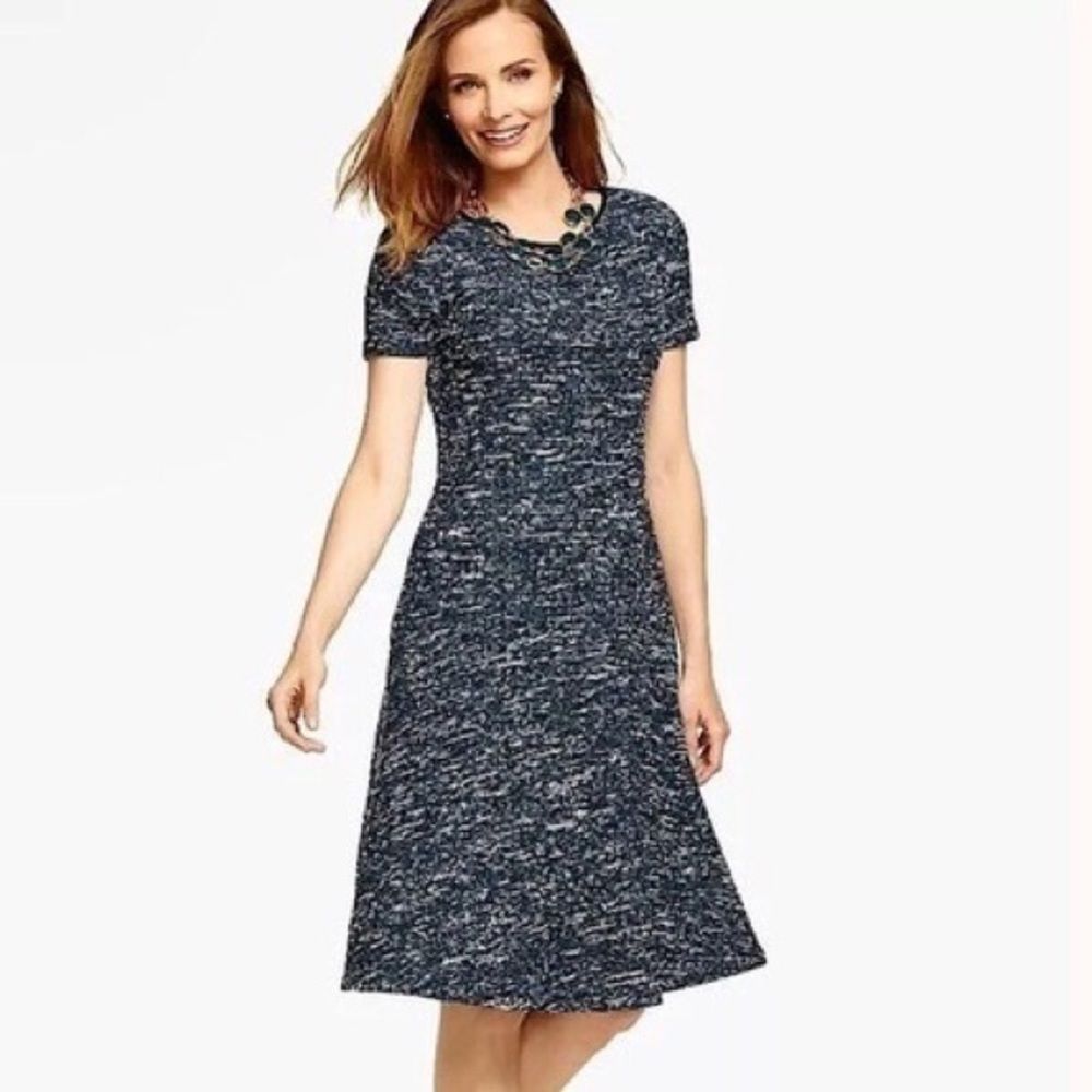 Talbots teal tweed faux leather trim a-line dress size 10