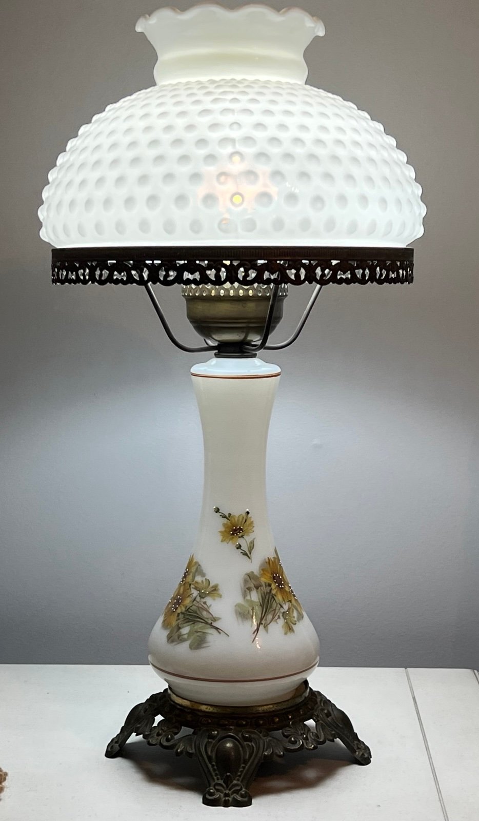 Vintage Hobnail White Milk Glass Hurricane Parlor Lamp w/Hand Painted Daisy Base
