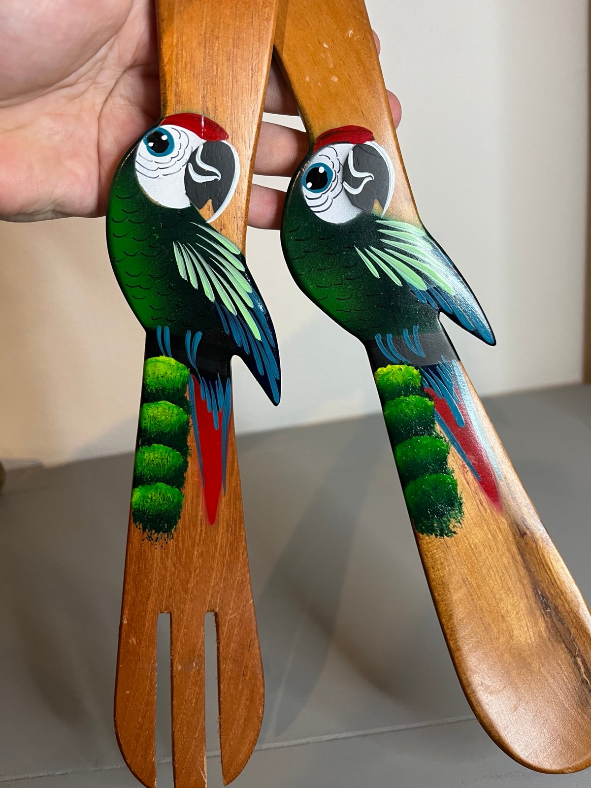 Costa Rica New Spoon Fork Wooden Set Handpainted Exotic Parrot Tropical Folk Art