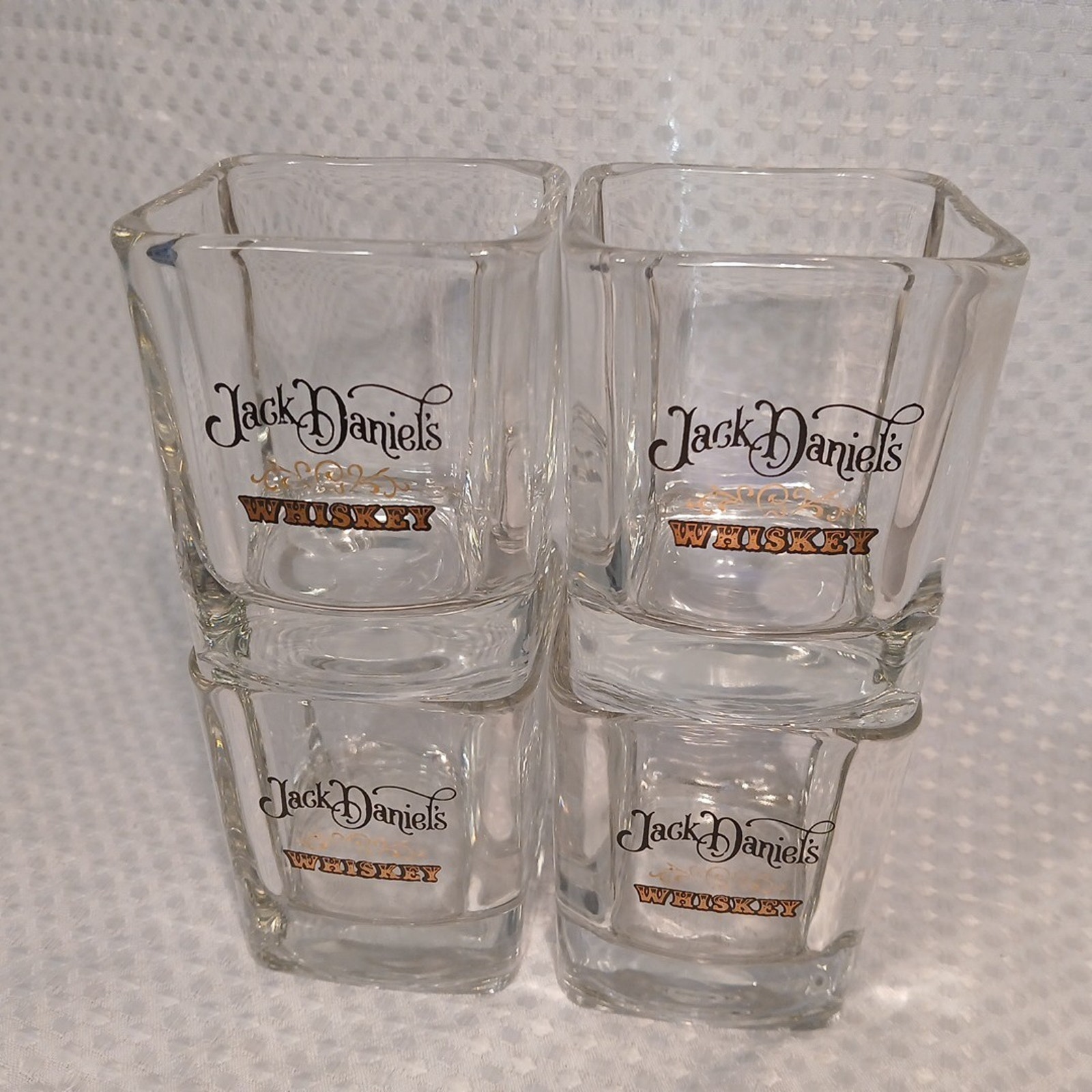 Vtg Jack Daniels Whiskey Etched Black Gold Heavy Square 8oz Glasses Set of 4