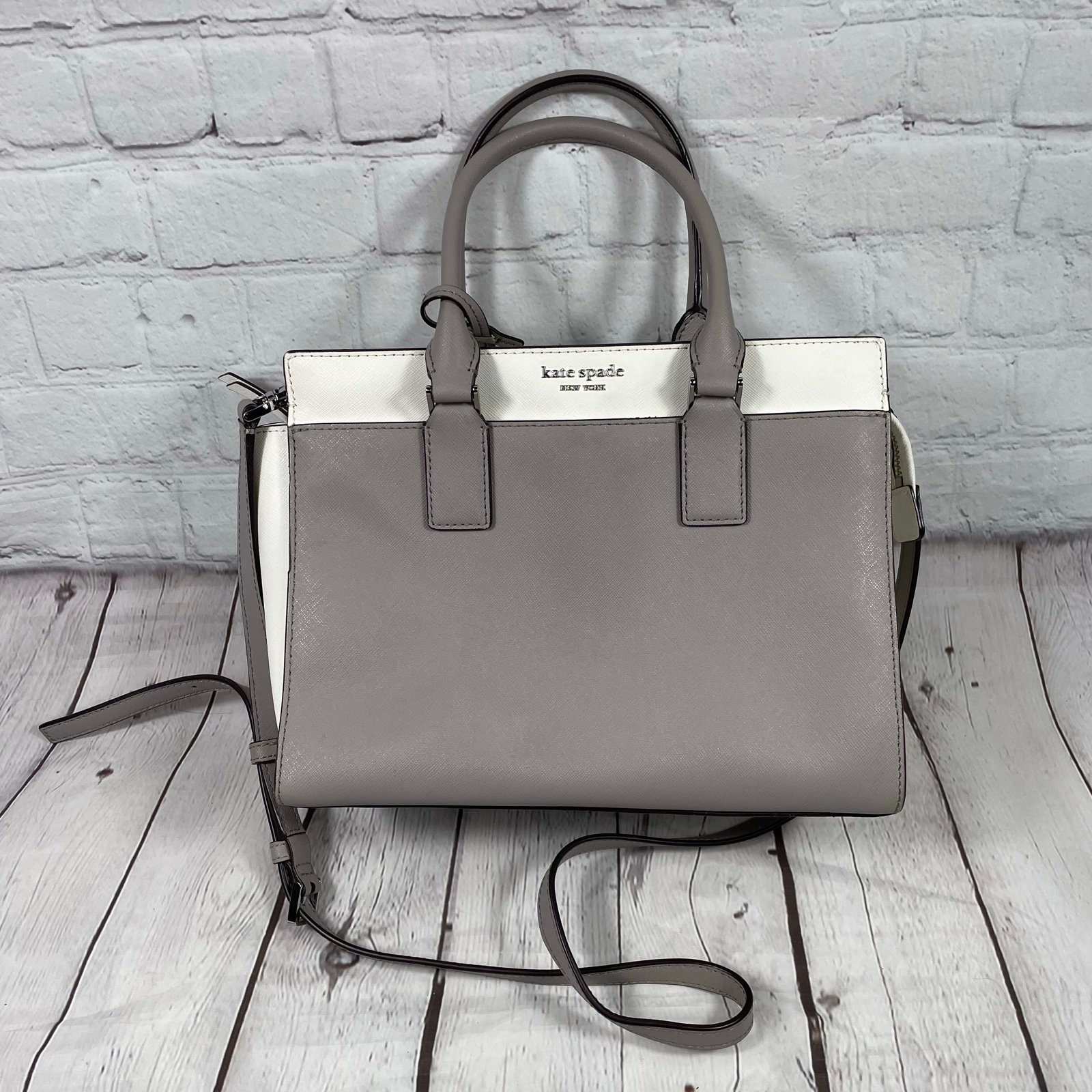 Kate Spade Cameron Medium Satchel Leather Purse Taupe And White**