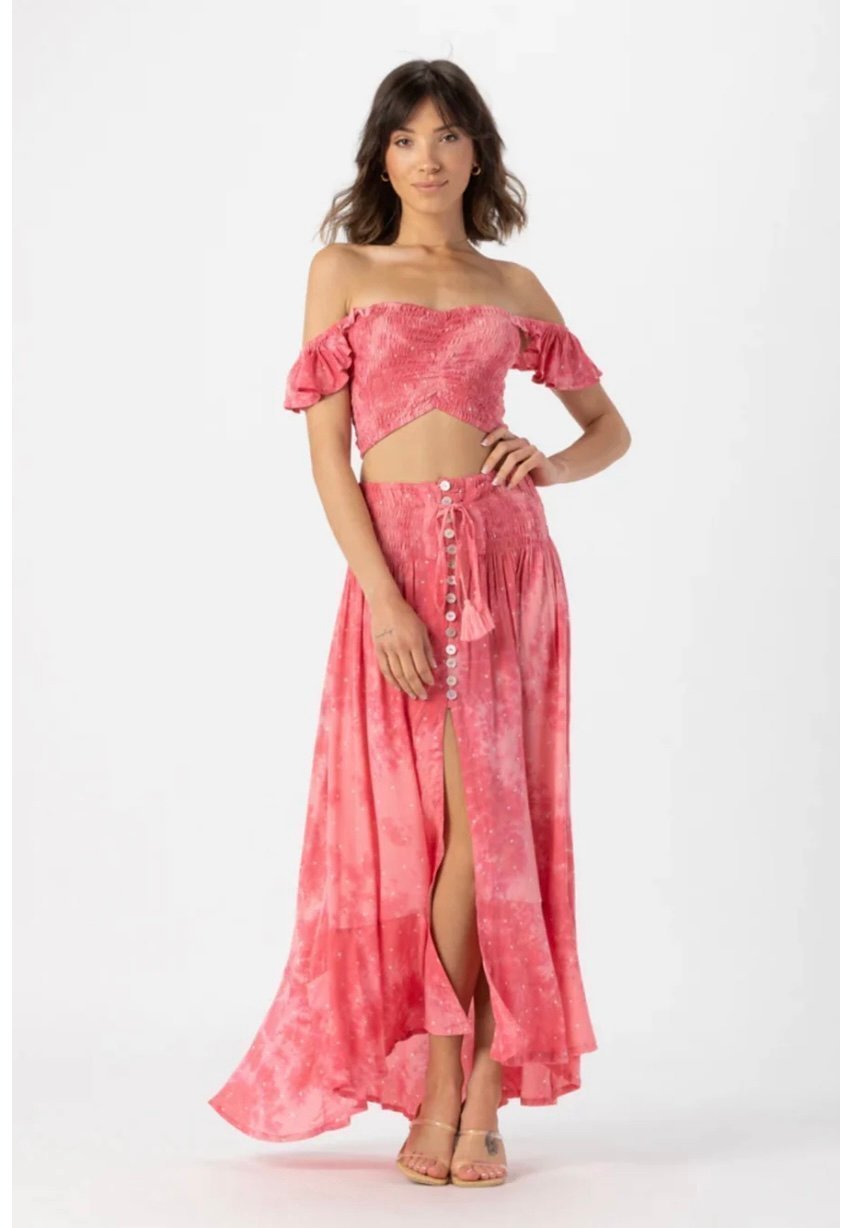 Tiare Hawaii Hollie Crop Top and Dakota Skirt in Batik Dot Guava