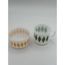 Vintage Fire King Milk Glass Green Diamond Mug and Yellow Diamond Cereal Bowel