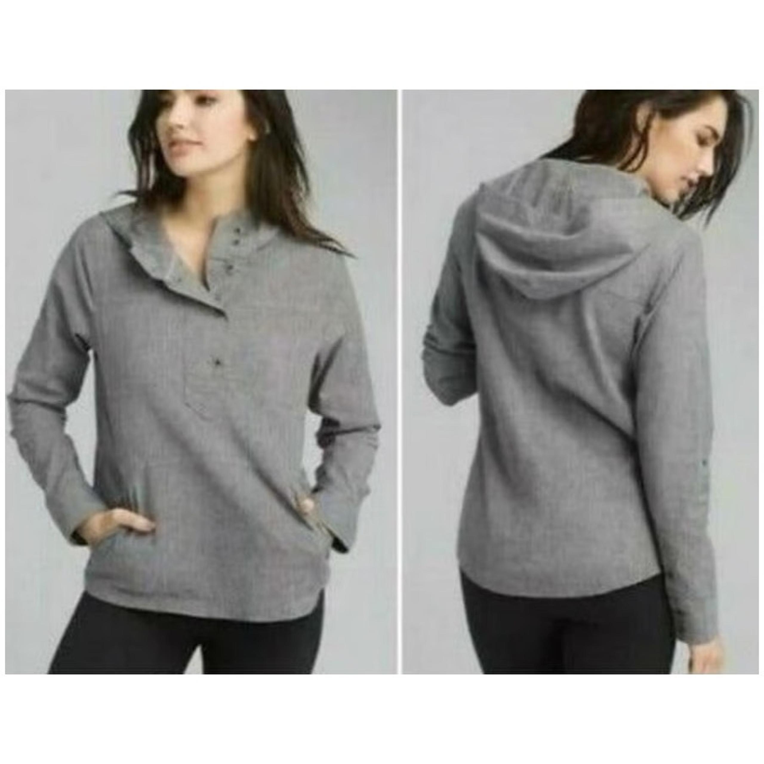 Prana Shelton Top Women's Size S Gray Hooded Henley Long Sleeve Hemp Pullover